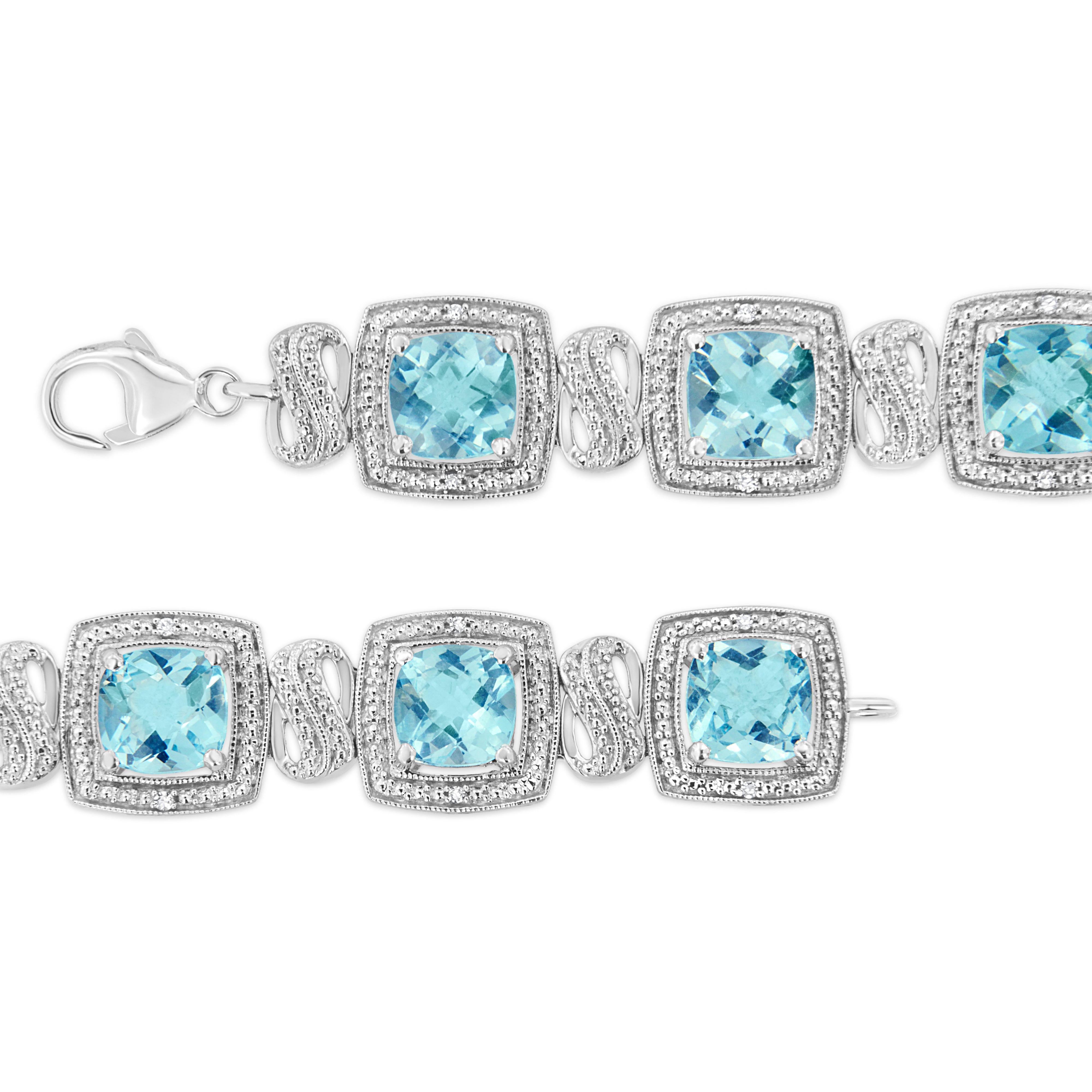 .925 Sterling Silver 7x7 mm Cushion Cut Blue Topaz and 1/10 Ctw Single Cut Diamond Square Shape Tennis Bracelet I-J Color, I1-I2 Clarity - 7" on sale at MyriadMart