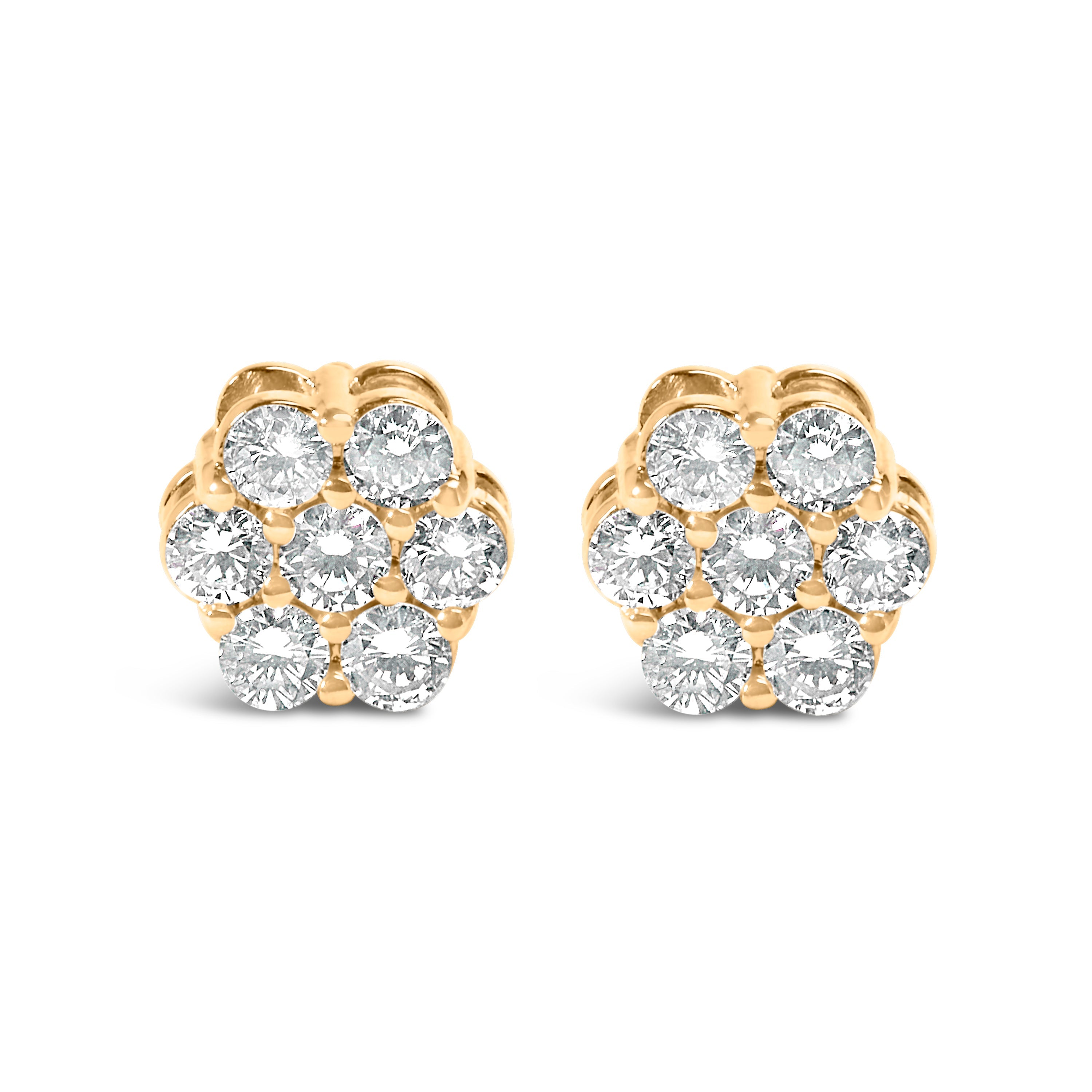 14K Yellow Gold 3/4 Cttw 7 Stone Floral Cluster Round Brilliant Cut Diamond Stud Earrings with Screw Backs I-J Color, SI2-I1 Clarity on sale at MyriadMart