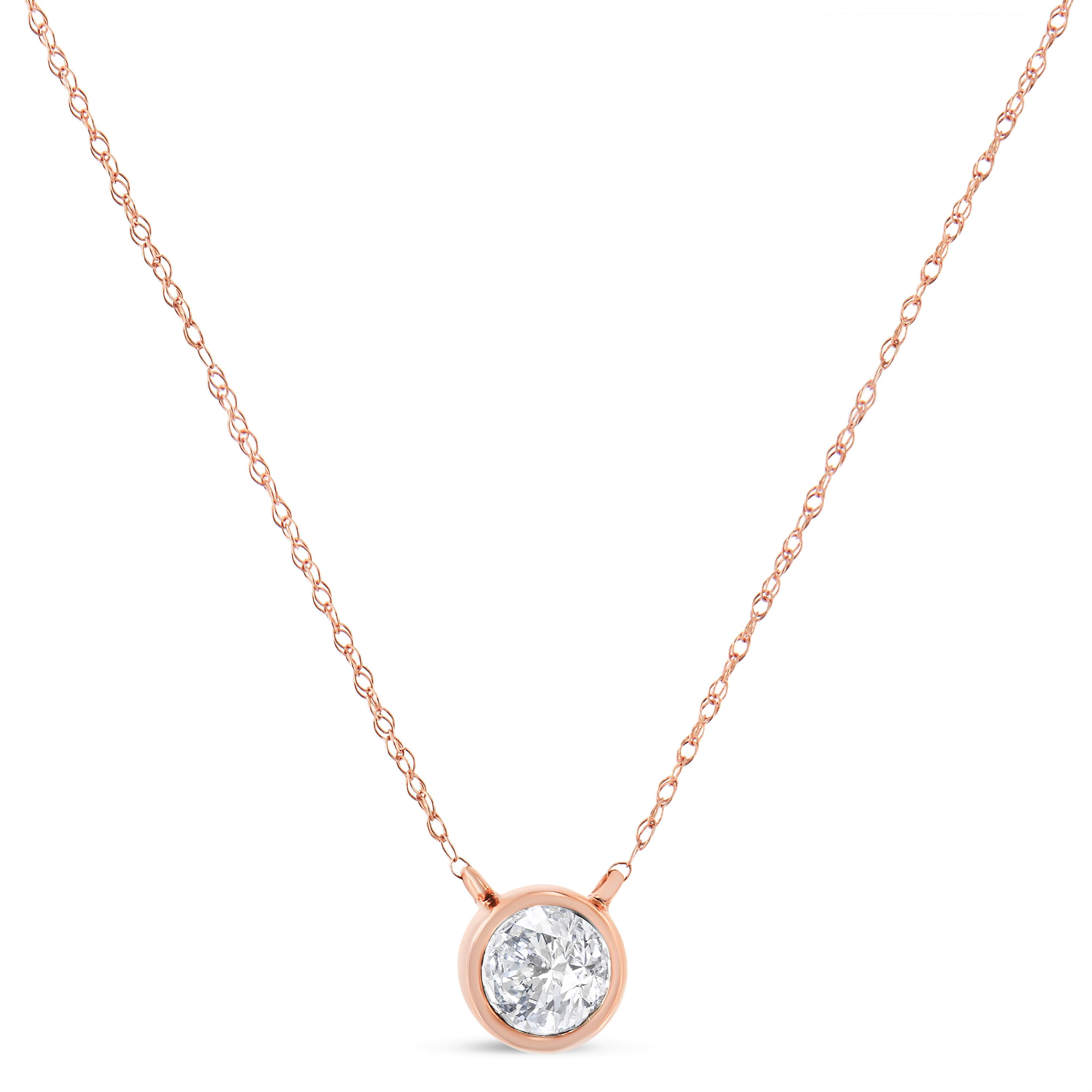 AGS Certified 10K Rose Gold 1/5 Cttw Bezel Set Round Diamond Solitaire 16-18" Adjustable Pendant Necklace H-I Color, VS1-VS2 Clarity on sale at MyriadMart
