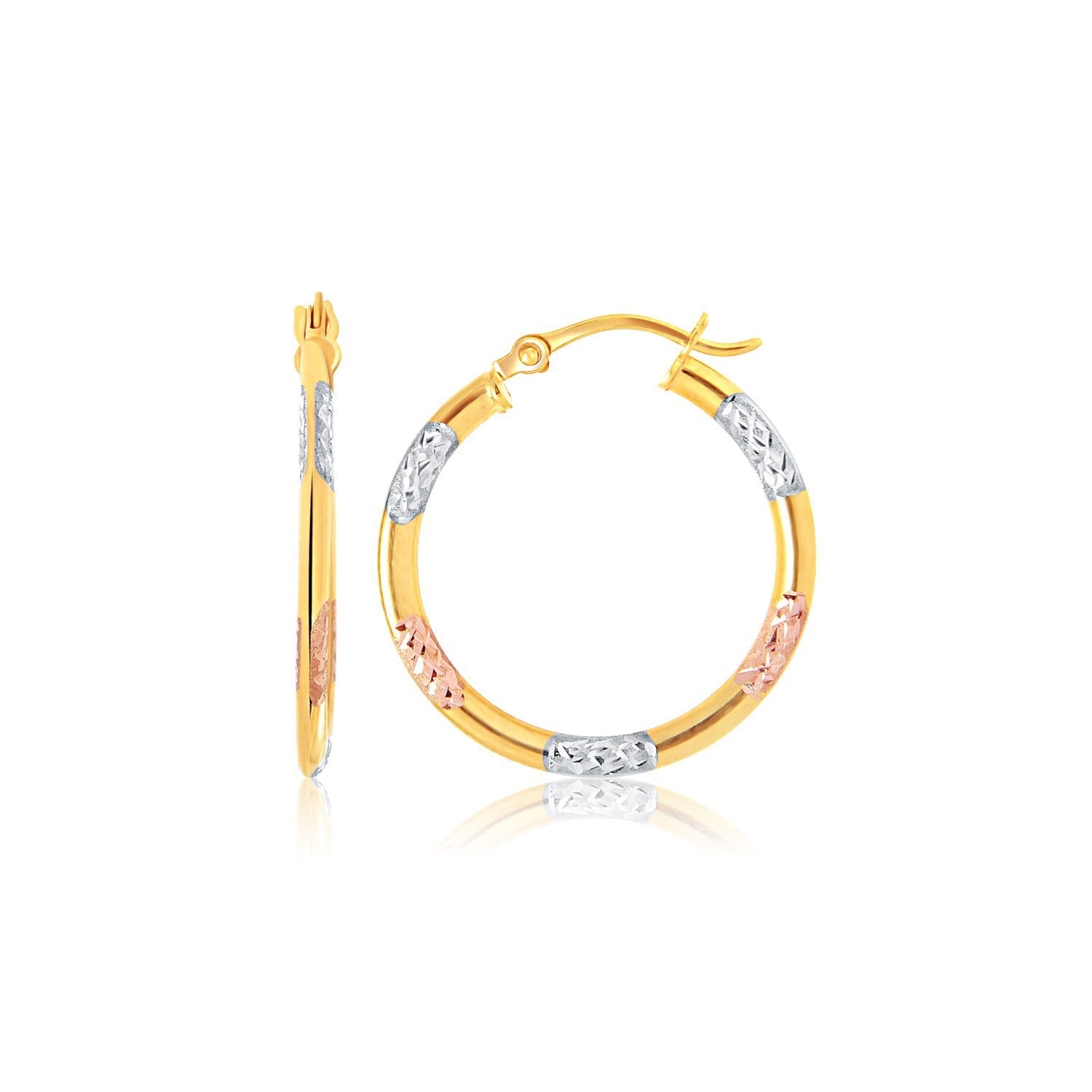 14k Tri-Color Gold Classic Hoop Earrings with Diamond Cut Details on sale at MyriadMart