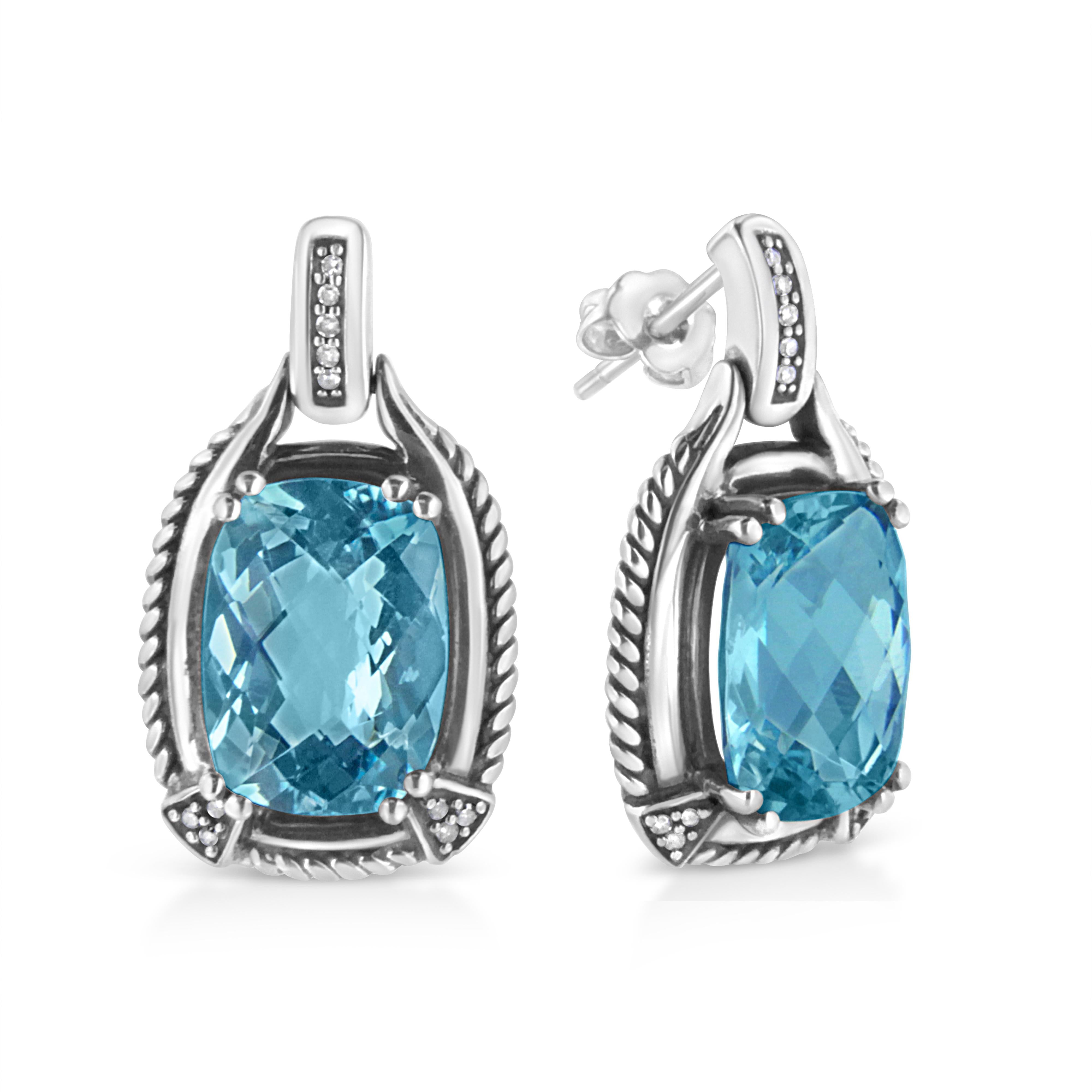 .925 Sterling Silver 14x10MM Cushion Cut Blue Topaz Gemstone and Diamond Accent Dangle Earring I-J Color, I1-I2 Clarity on sale at MyriadMart