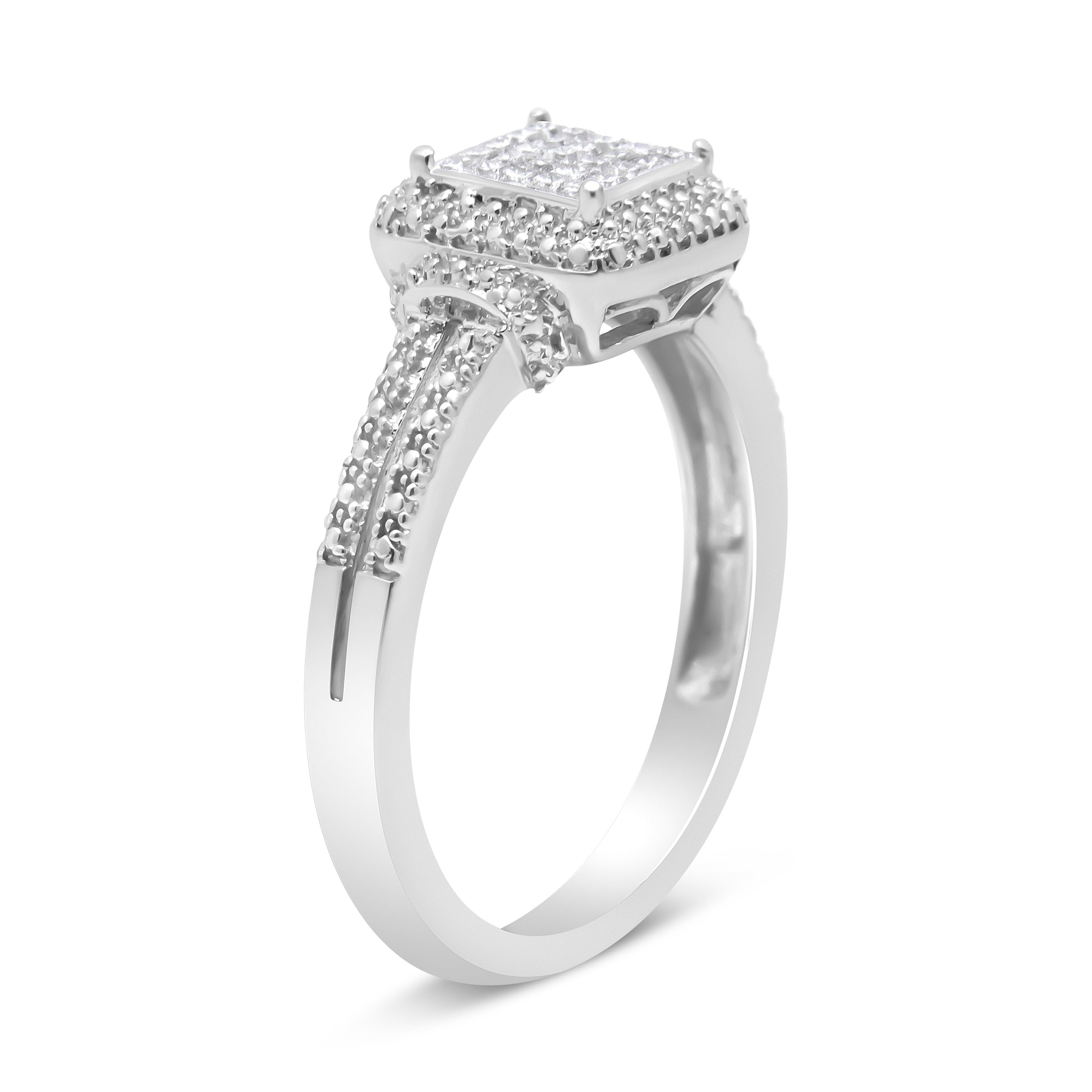 .925 Sterling Silver 1/4 Cttw Princess-cut Diamond Composite Ring with Beaded Halo H-I Color, SI1-SI2 Clarity - Size 7 on sale at MyriadMart