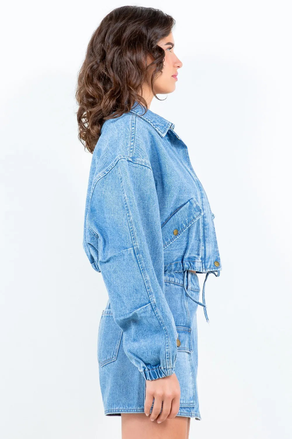 American Bazi Drawstring Waist Crop Denim Jacket - MyriadMart