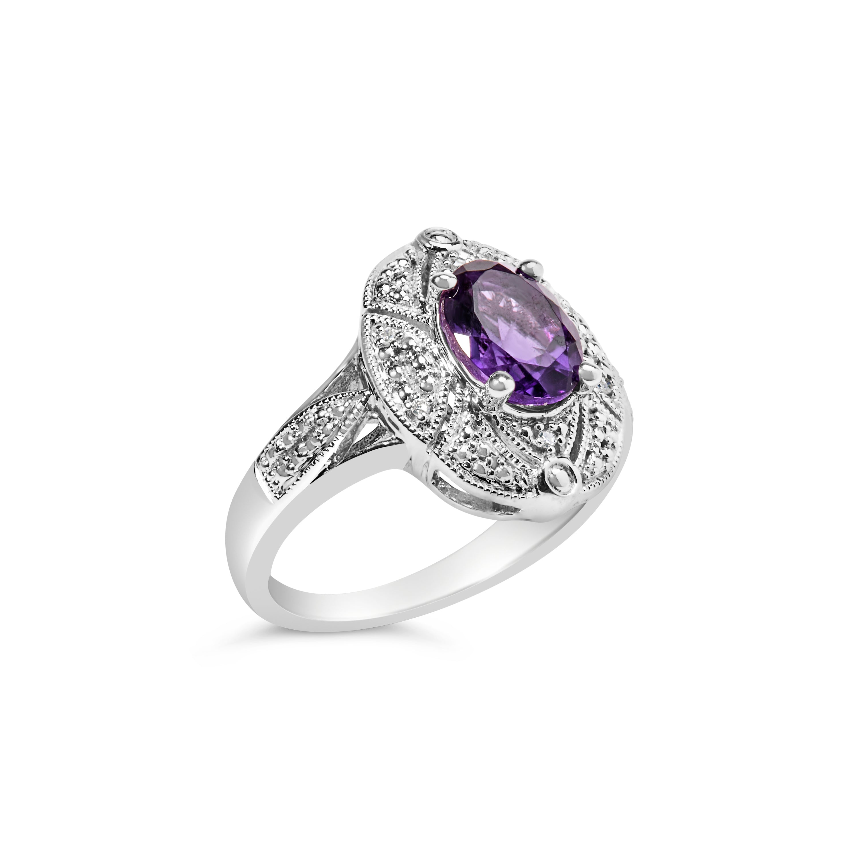 .925 Sterling Silver 9x7mm Oval Purple Amethyst and Diamond Accent Art Deco Style Cocktail Ring I-J Color, I1-I2 Clarity - Size 6 on sale at MyriadMart
