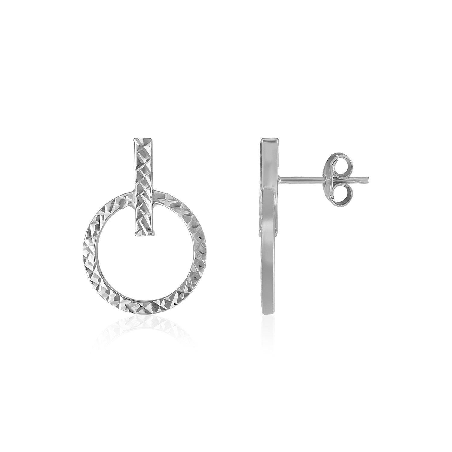 14k White Gold Textured Circle and Bar Post Earrings on sale at MyriadMart