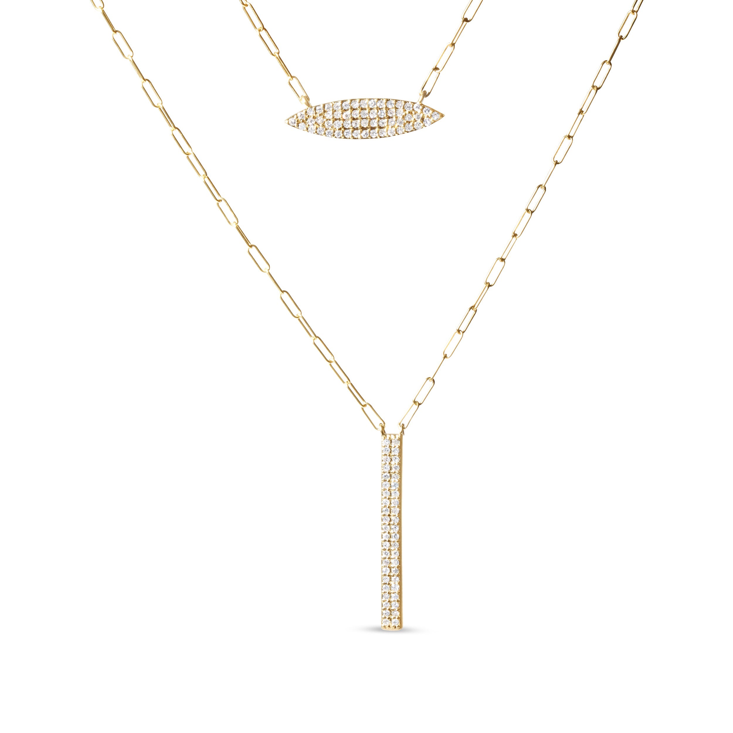 14K Yellow Gold 3/8 Cttw Two-Strand Marquise and Bar Charm Paper Clip Link Pendant Necklace I-J Color, I1-I2 Clarity -18" and 20" Inch Lengths on sale at MyriadMart