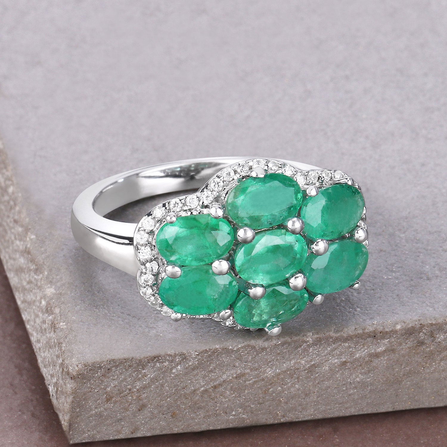 3.33 Carat Genuine Zambian Emerald and White Zircon .925 Sterling Silver Ring on sale at MyriadMart