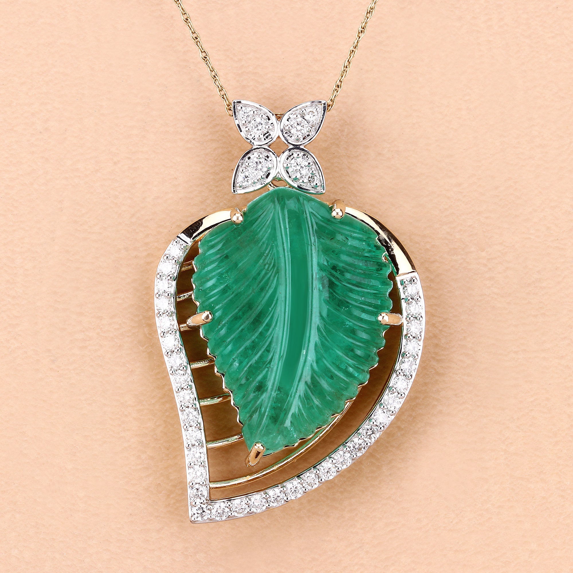 29.67 Carat Genuine Colombian Emerald and White Diamond 14K Yellow Gold Pendant on sale at MyriadMart