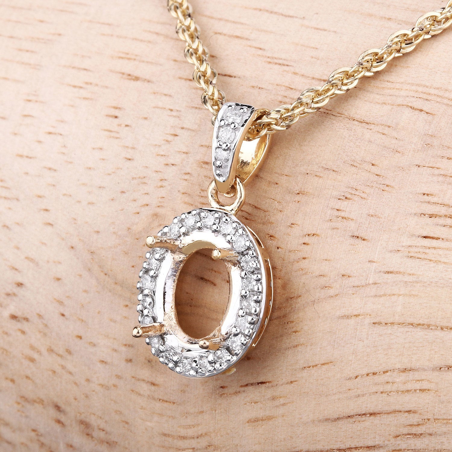 0.18 Carat Genuine White Diamond 14K Yellow Gold Semi Mount Pendant - holds 8x6mm Oval Gemstone on sale at MyriadMart