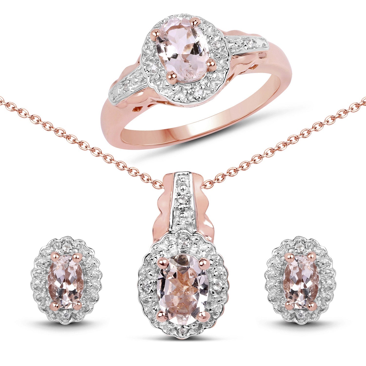 2.28 Carat Genuine Morganite and White Topaz .925 Sterling Silver 3 Piece Jewelry Set Ring, Earrings, and Pendant w/ Chain on sale at MyriadMart
