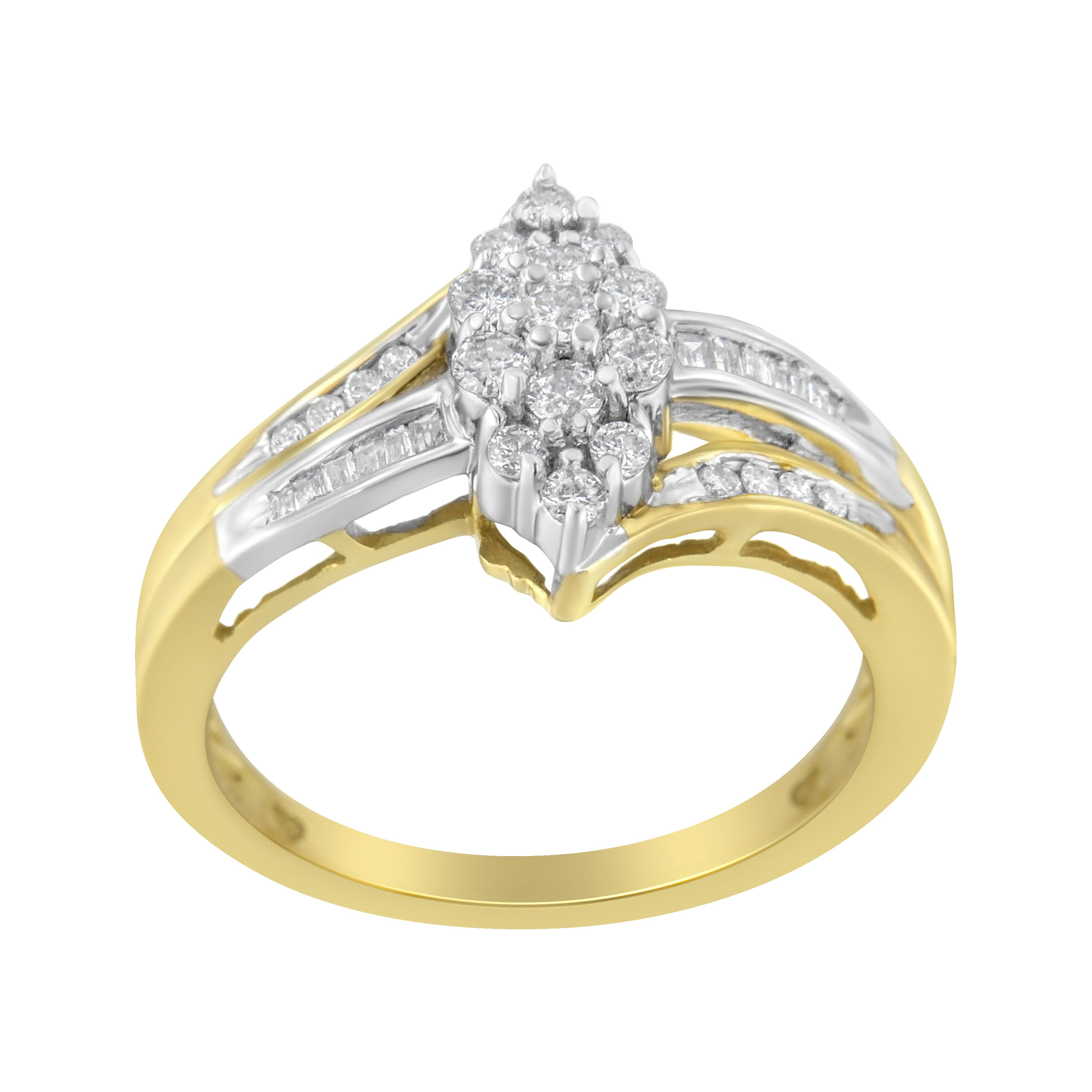 10K Yellow and White Gold 1/2 Cttw Diamond Marquise Shaped Cluster Split Shank Ring H-I Color, SI2-I1 Clarity - Size 7 on sale at MyriadMart