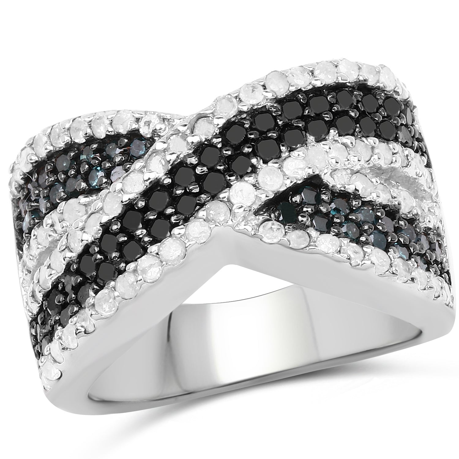 1.57 Carat Genuine Blue Diamond, White Diamond & Black Diamond .925 Sterling Silver Ring on sale at MyriadMart