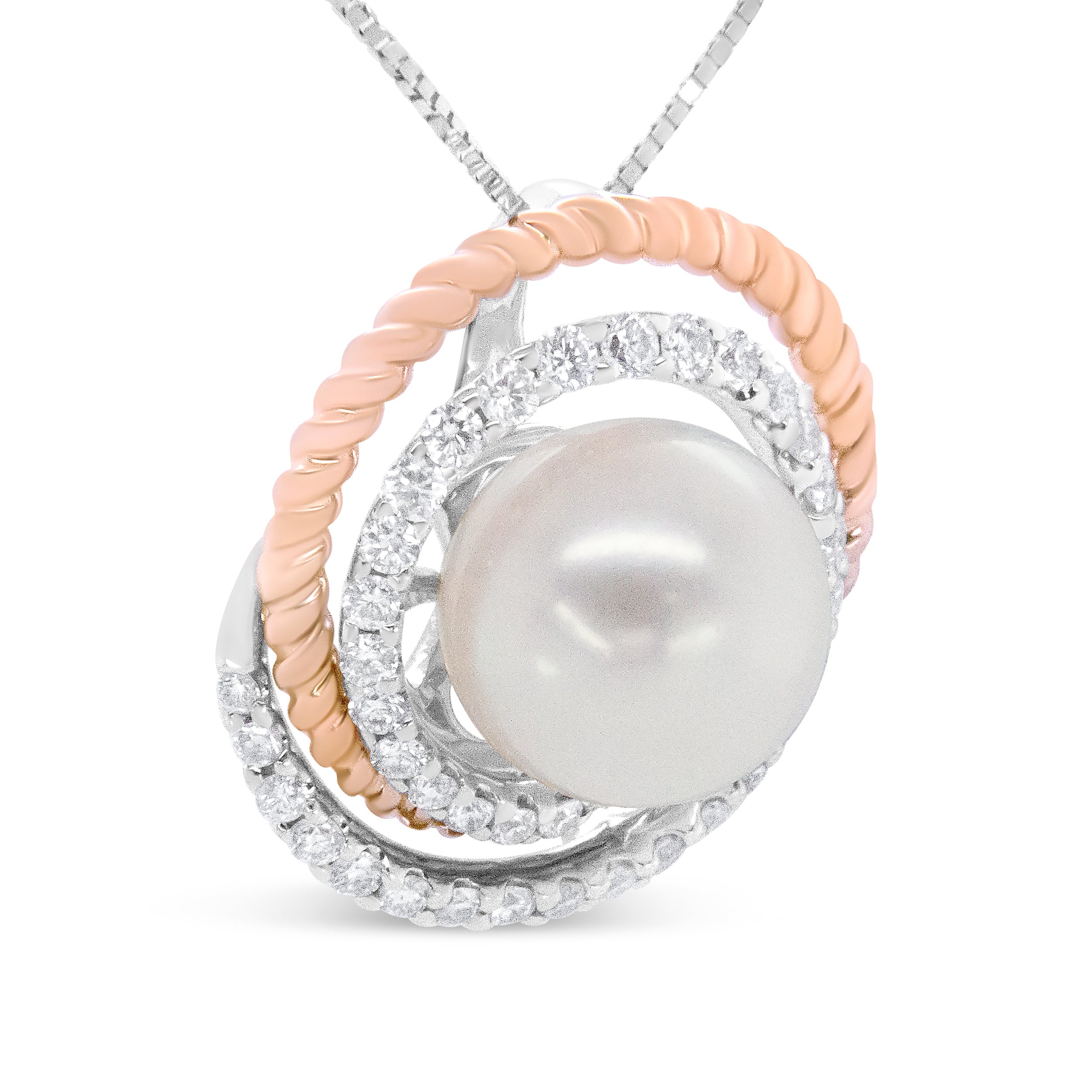 14K Rose and White Gold 3/8 Cttw Pave Diamond and 9mm Round Pearl Spiral Openwork 18" Pendant Necklace- H-I Color, VS1-VS2 Clarity on sale at MyriadMart