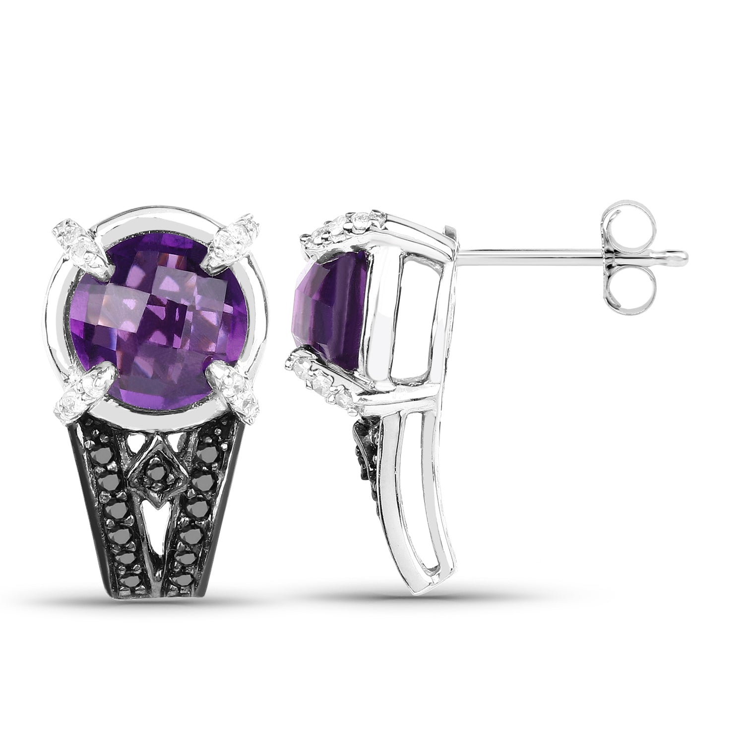 3.61 Carat Genuine Amethyst, Black Diamond and White Diamond .925 Sterling Silver Earrings on sale at MyriadMart