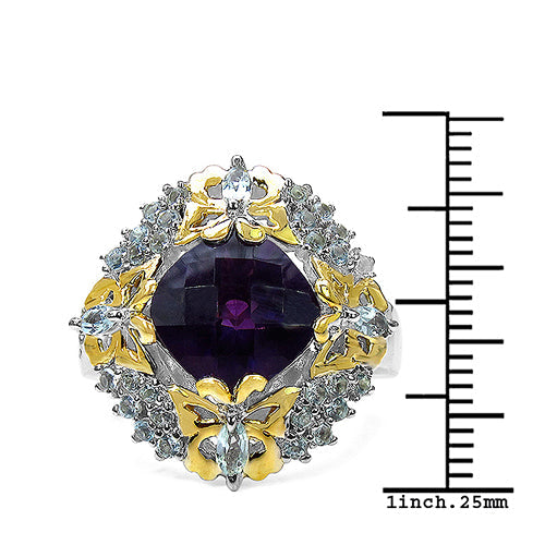 3.91 Carat Genuine Amethyst, Blue Topaz & White Diamond .925 Sterling Silver Ring on sale at MyriadMart