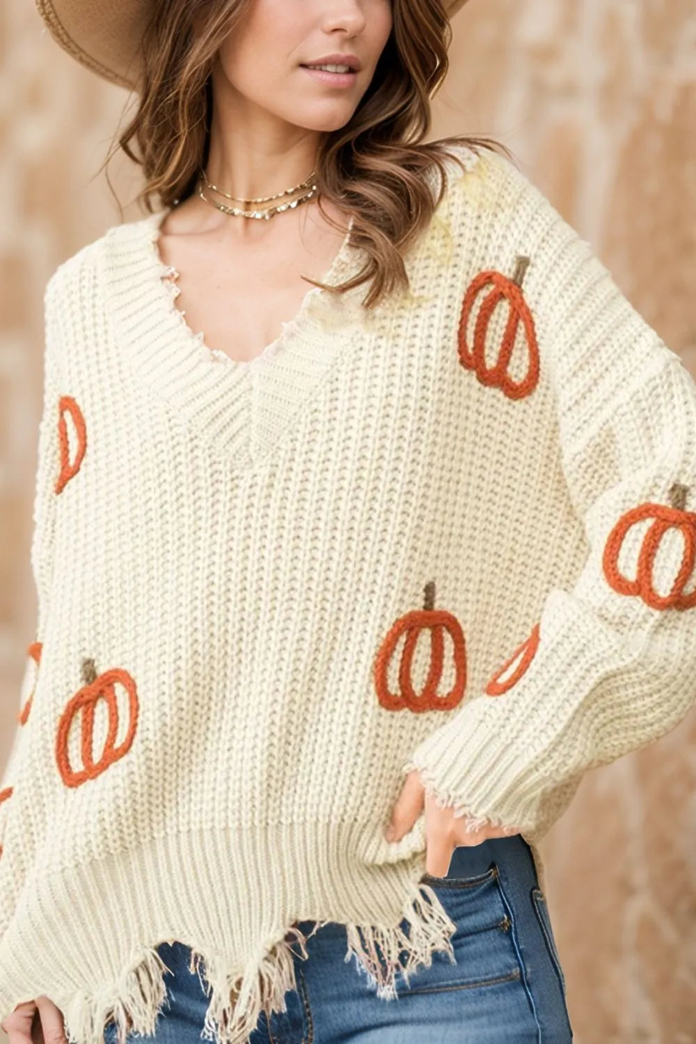 Raw Hem Pumpkin V-Neck Long Sleeve Sweater - MyriadMart