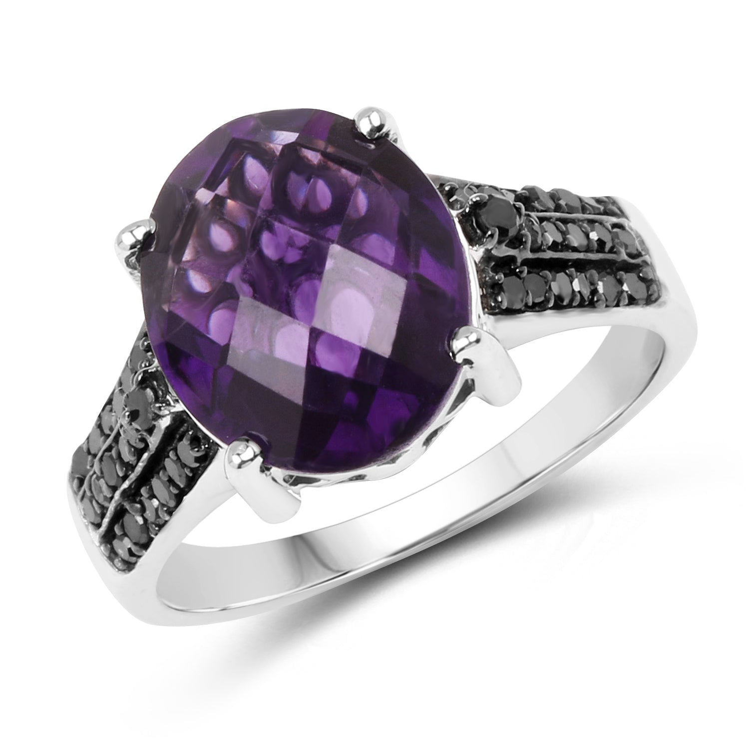 3.96 Carat Genuine Amethyst & Black Diamond .925 Sterling Silver Ring on sale at MyriadMart
