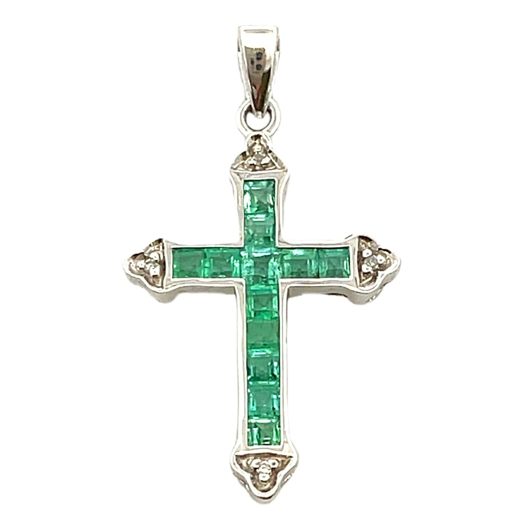 Emerald Diamond Cross Religious Pendant 10KT White Gold on sale at MyriadMart
