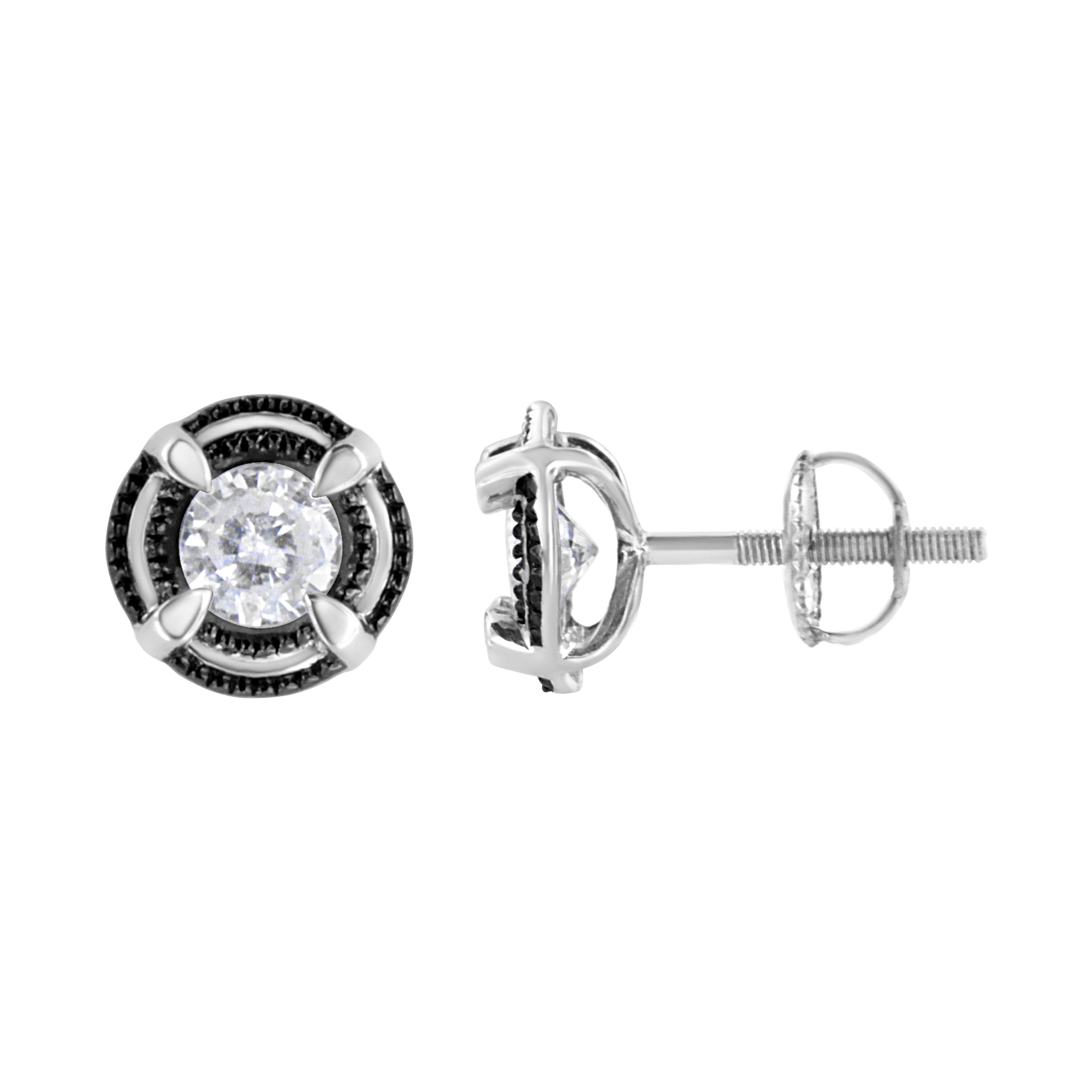 Black Rhodium Plated .925 Sterling Silver Round 1-1/2 cttw Diamond Double Halo 4-Prong Solitaire Milgrain Stud Earrings H-I Color, I2-I3 Clarity on sale at MyriadMart