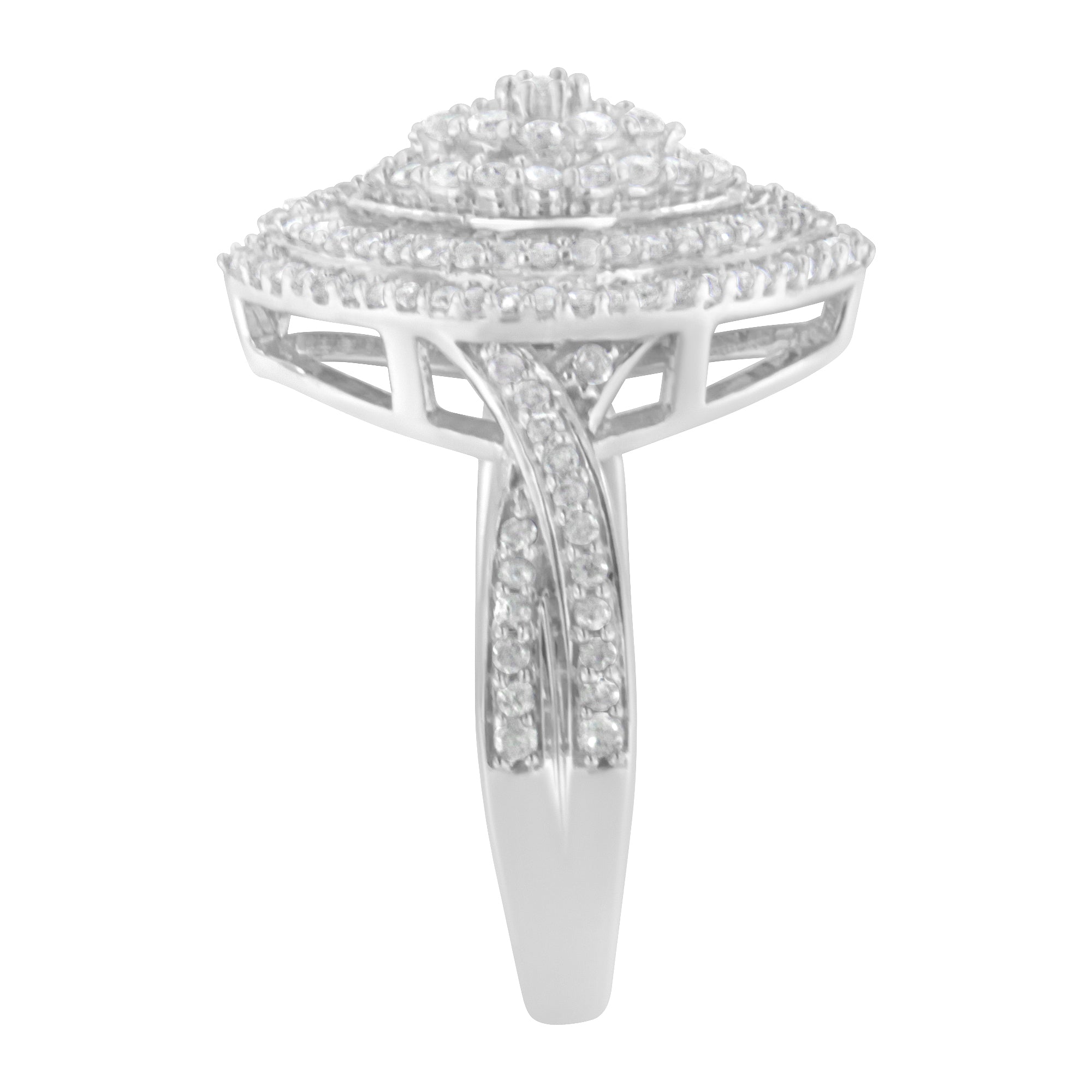 .925 Sterling Silver 1.0 Cttw Round & Baguette-Cut Diamond Marquise-Shaped Cluster Triple Stepped Halo Cocktail Fashion Ring I-J Color, I2-I3 Clarity - Size 7 on sale at MyriadMart