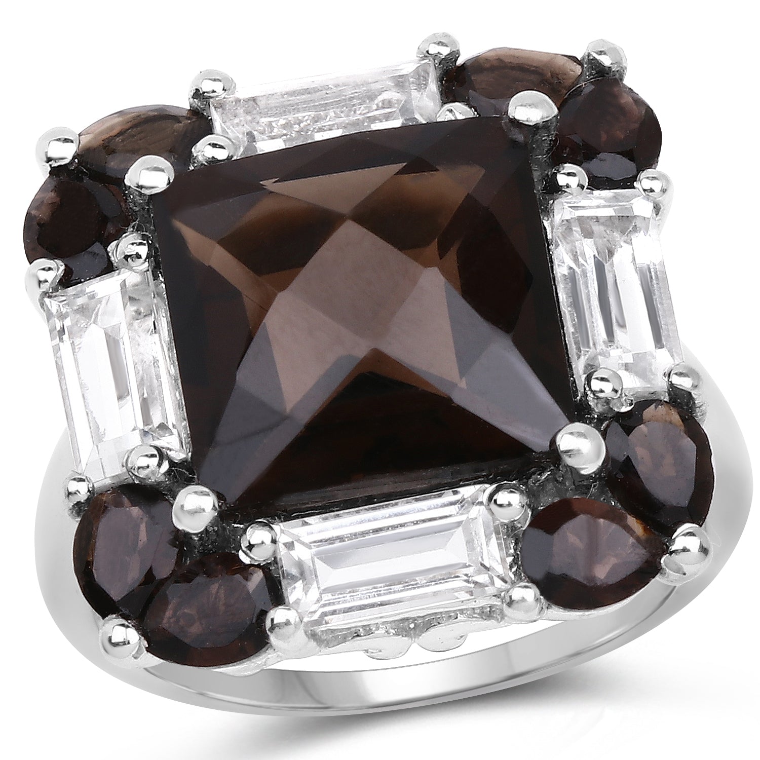 7.43 Carat Genuine Smoky Quartz & White Topaz .925 Sterling Silver Ring on sale at MyriadMart