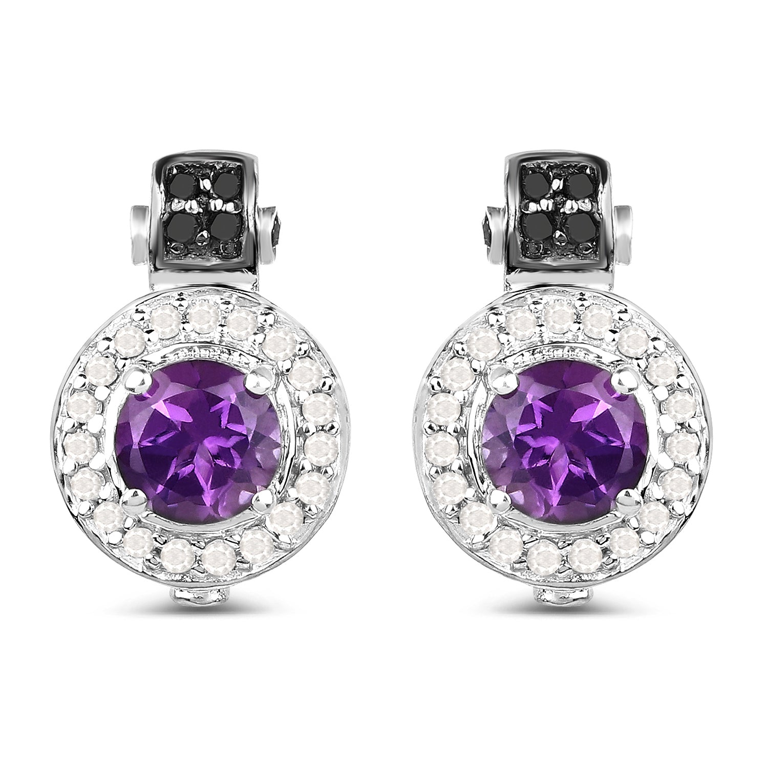 2.29 Carat Genuine Amethyst, Black Diamond and White Diamond .925 Sterling Silver Earrings on sale at MyriadMart