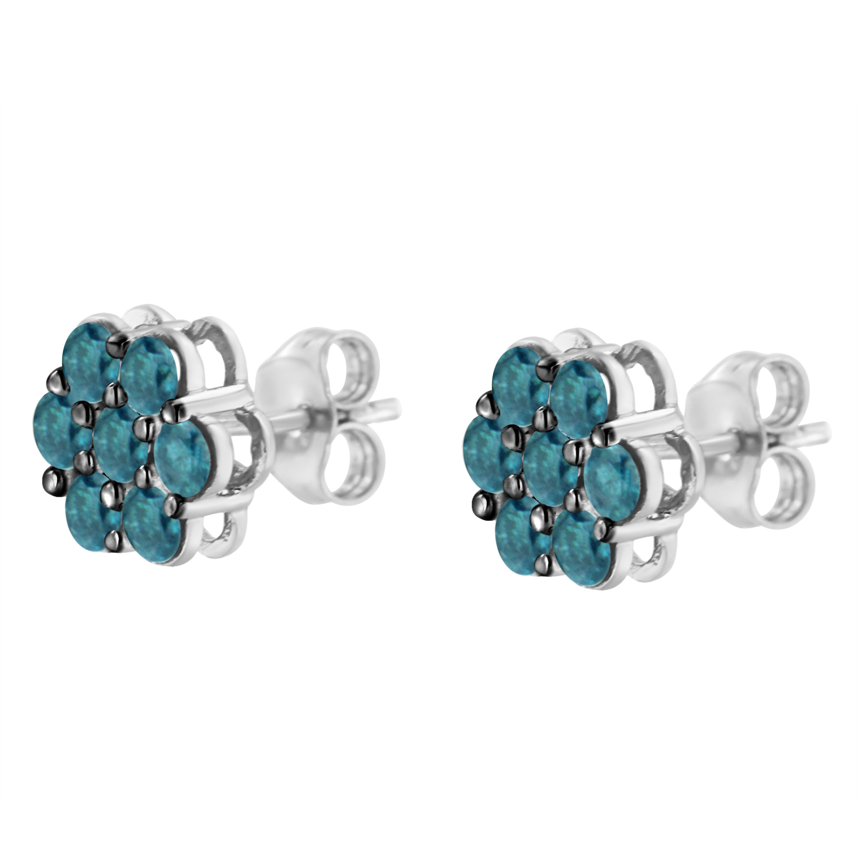 Sterling Silver Treated Blue Diamond Floral Stud Earrings 1 cttw, Blue Color, I2-I3 Clarity on sale at MyriadMart