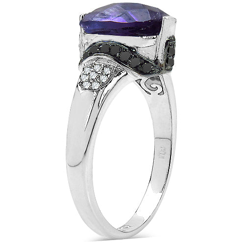 3.71 Carat Genuine Amethyst, Black Diamond & White Diamond .925 Sterling Silver Ring on sale at MyriadMart