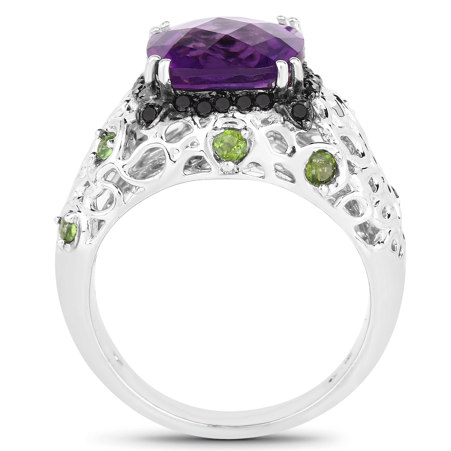 3.27 Carat Genuine Amethyst, Chrome Diopside & Black Diamond .925 Sterling Silver Ring on sale at MyriadMart