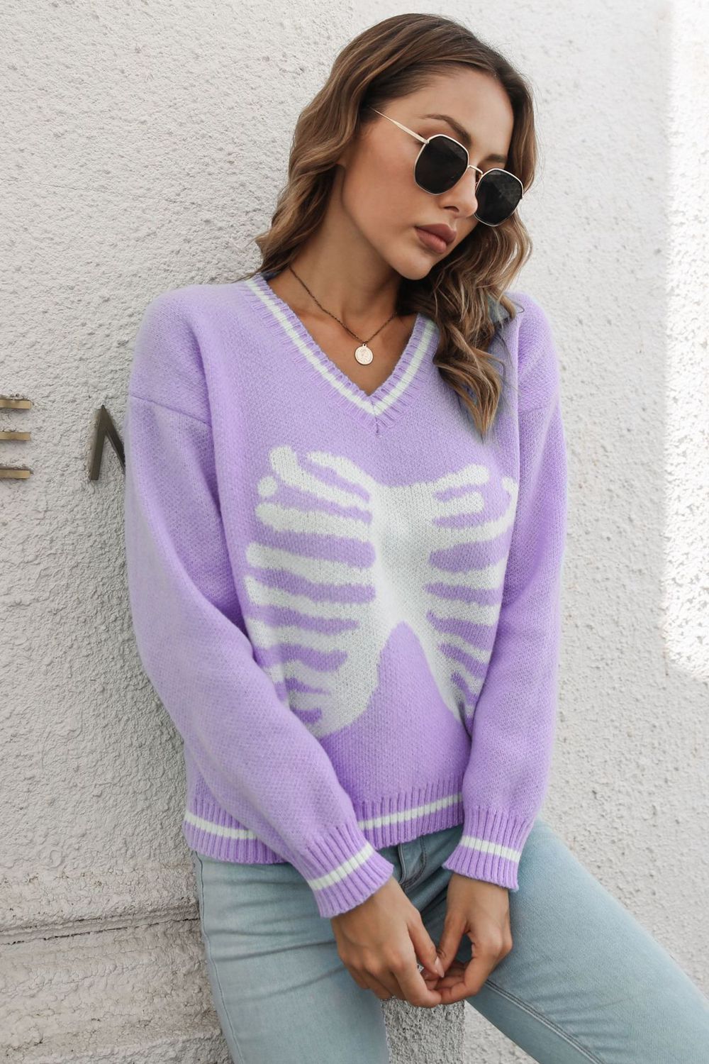 Skeleton Pattern V-Neck Long Sleeve Pullover Sweater - MyriadMart