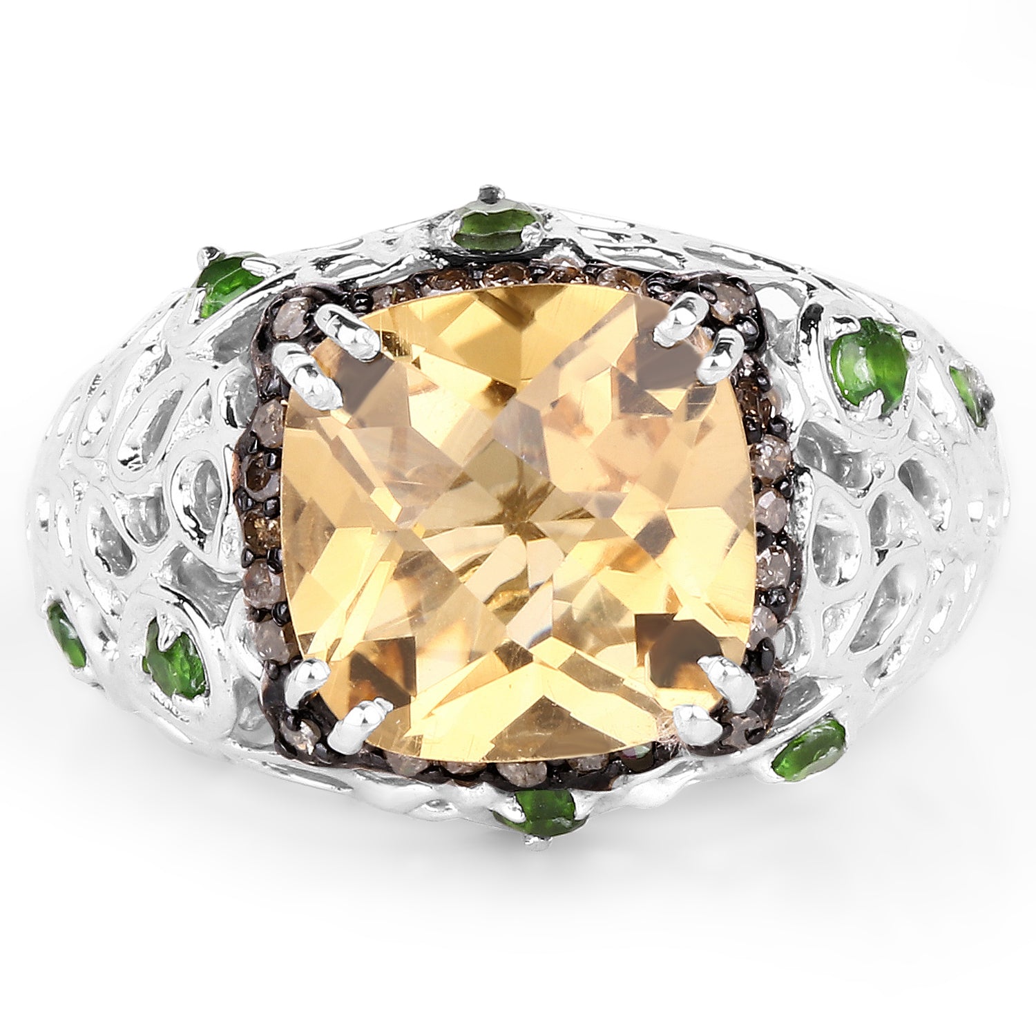 4.13 Carat Genuine Citrine, Chrome Diopside & Champagne Diamond .925 Sterling Silver Ring on sale at MyriadMart