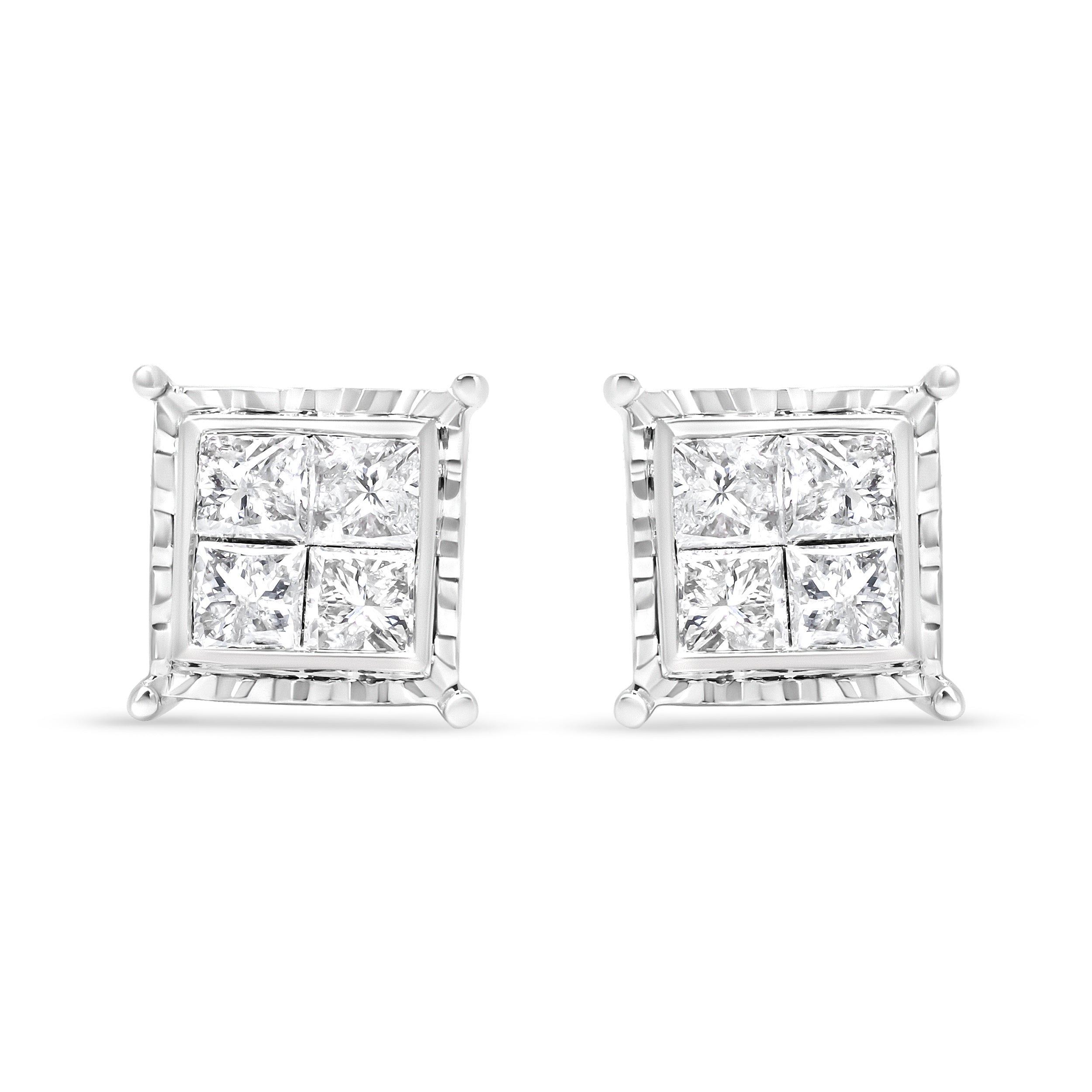14K White Gold 1 1/2 Cttw Invisible Set Princess-Cut Diamond Contemporary Wavy Quad Stud Earrings I-J Color, I1-I2 Clarity on sale at MyriadMart
