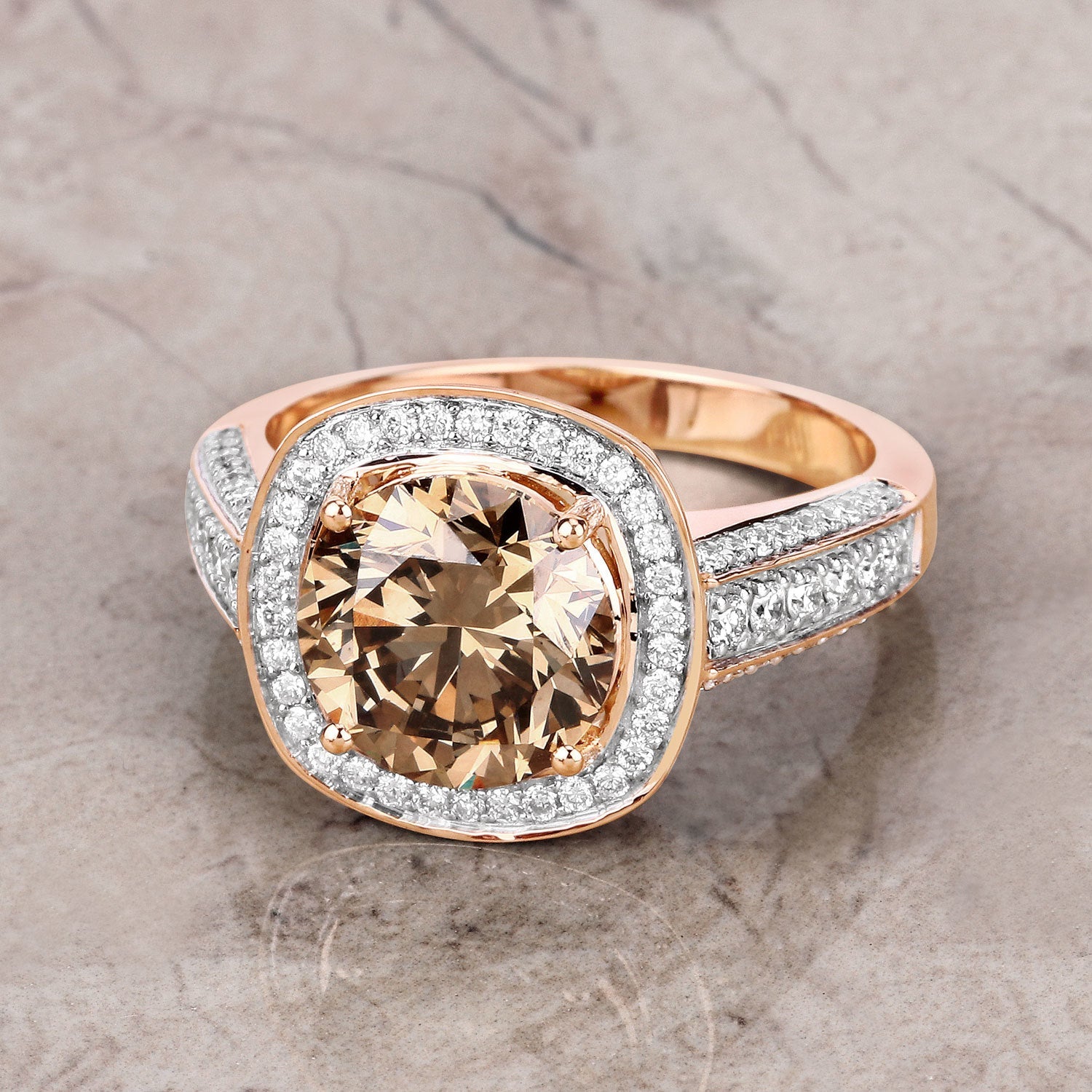 IGI Certified 3.01 Carat Genuine Brown Diamond Center and 0.52cttw White Diamond 18K Rose Gold Ring 3.53cttw on sale at MyriadMart
