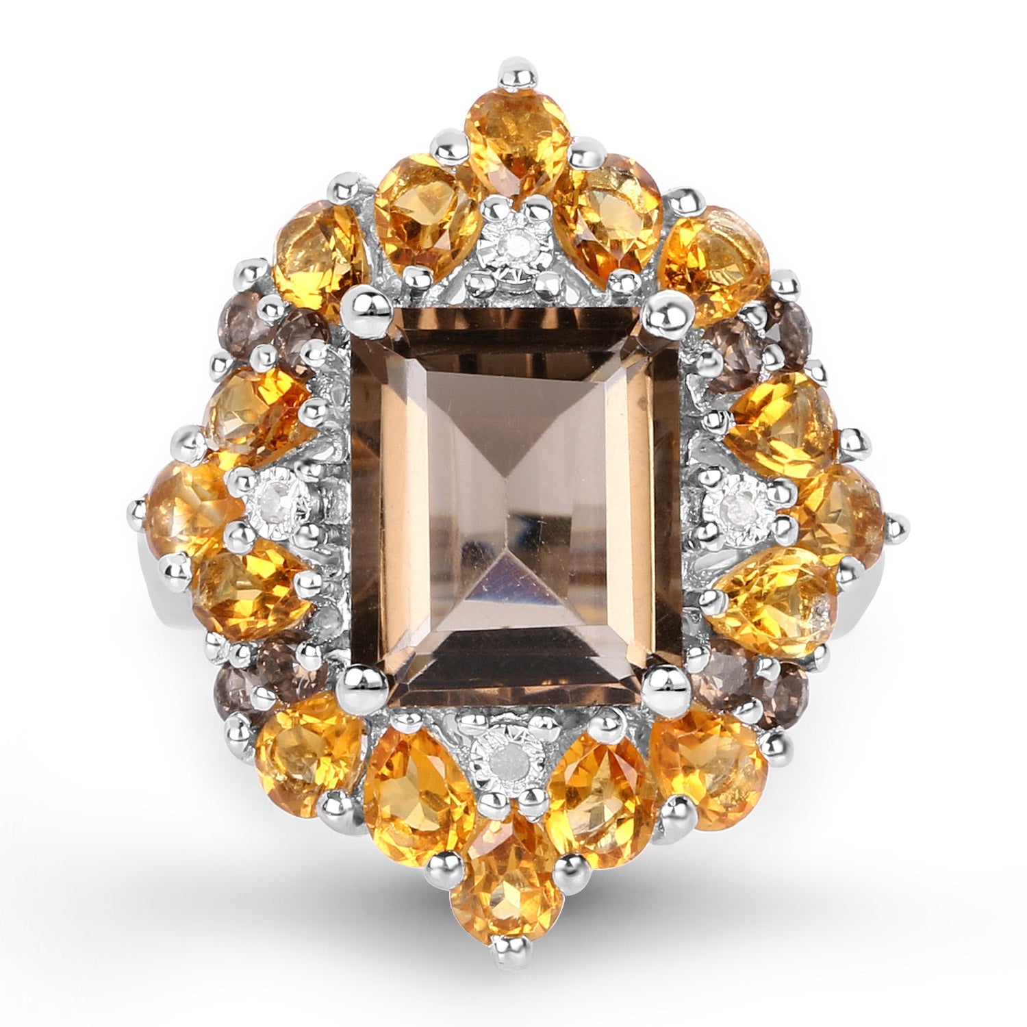 6.72 Carat Genuine Smoky Quartz, Citrine and White Diamond .925 Sterling Silver Ring on sale at MyriadMart
