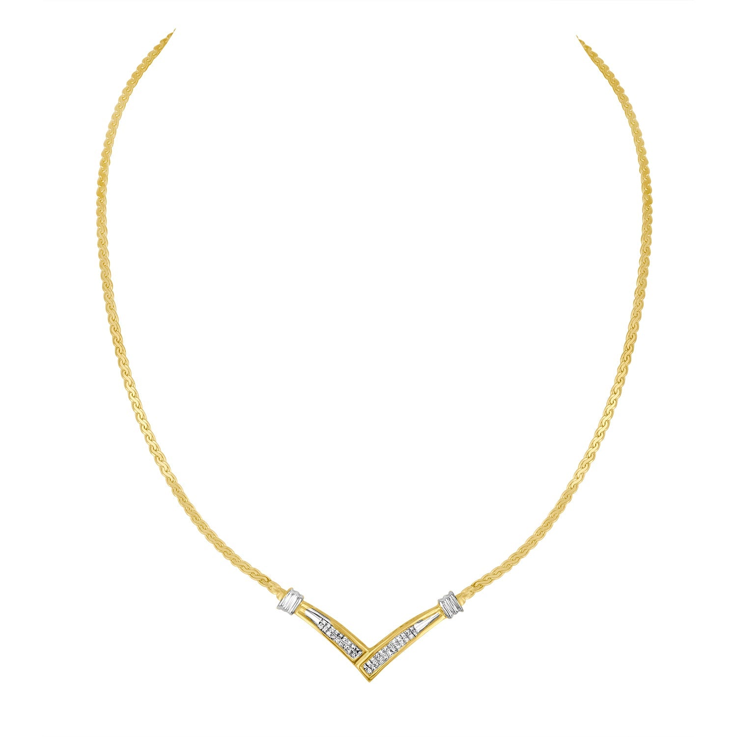 10K Yellow and White Gold 1/2 Cttw Princess Cut Diamond Channel-Set â€œVâ€ Shape 18" Franco Chain Necklace H-I Color, SI2-I1 Clarity on sale at MyriadMart