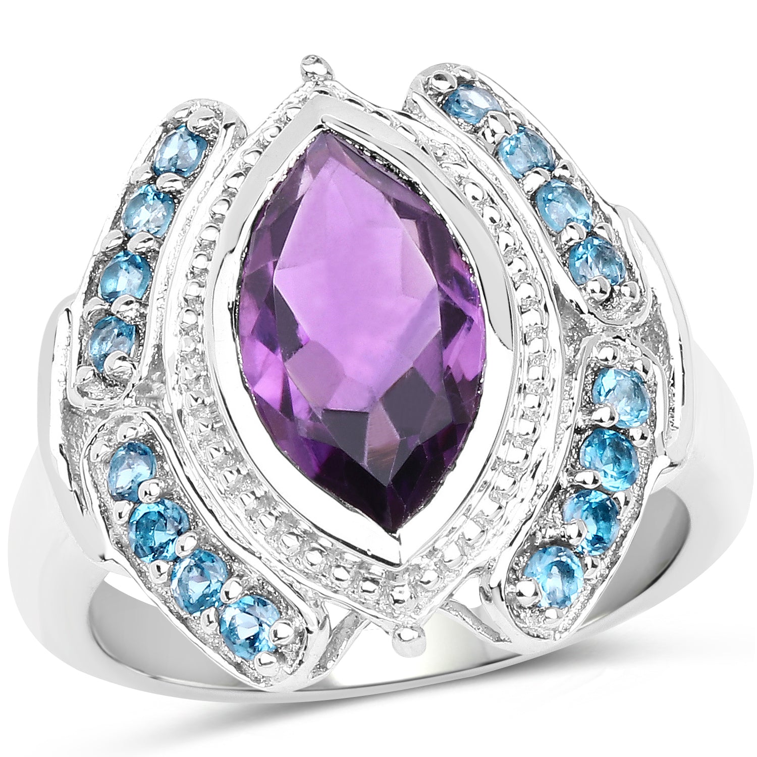 3.06 Carat Genuine Amethyst and London Blue Topaz .925 Sterling Silver Ring on sale at MyriadMart