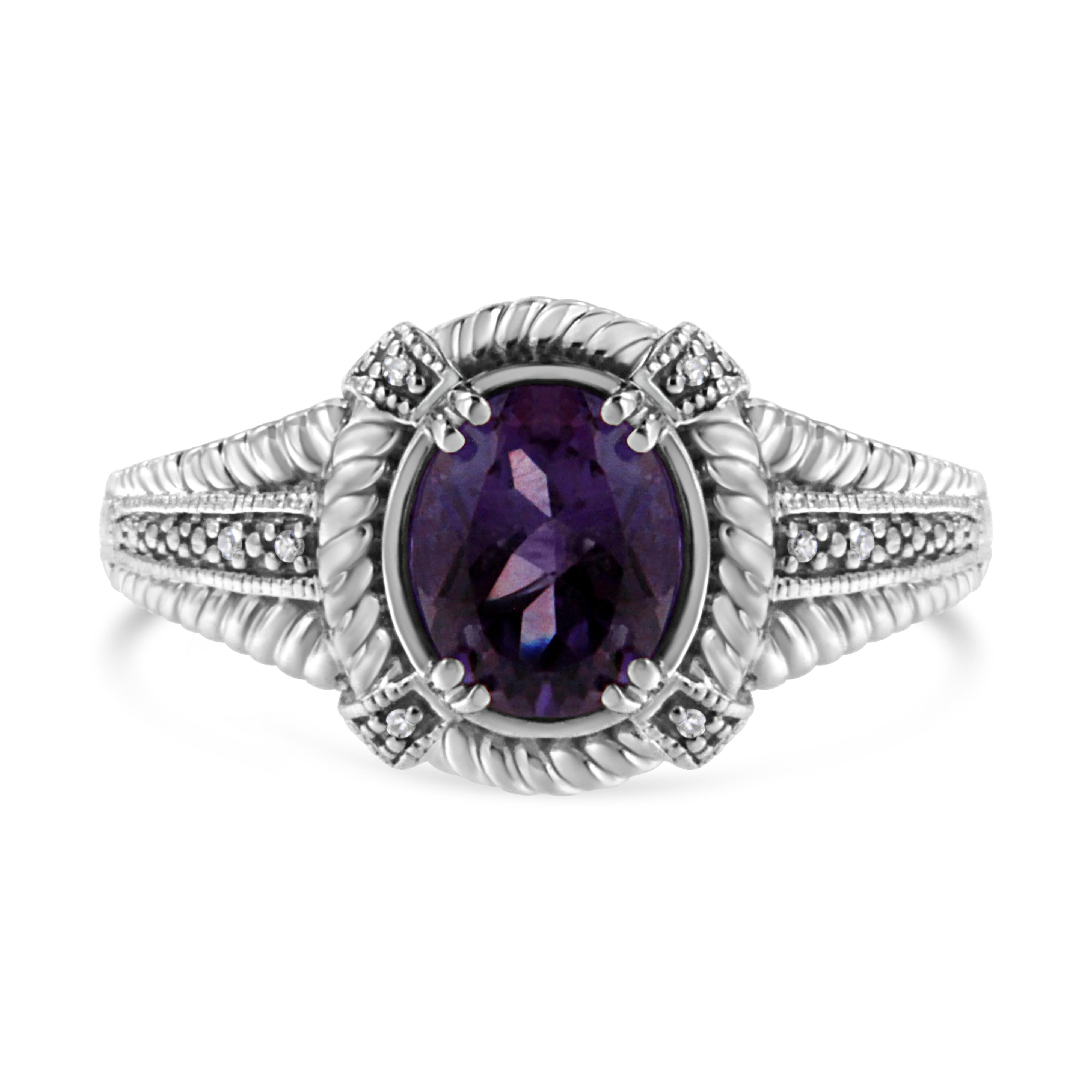 .925 Sterling Silver Prong Set Natural Oval Shape 9X7 MM Purple Amethyst Solitaire and Diamond Accent Ring I-J Color, I1-I2 Clarity - Ring Size 7 on sale at MyriadMart