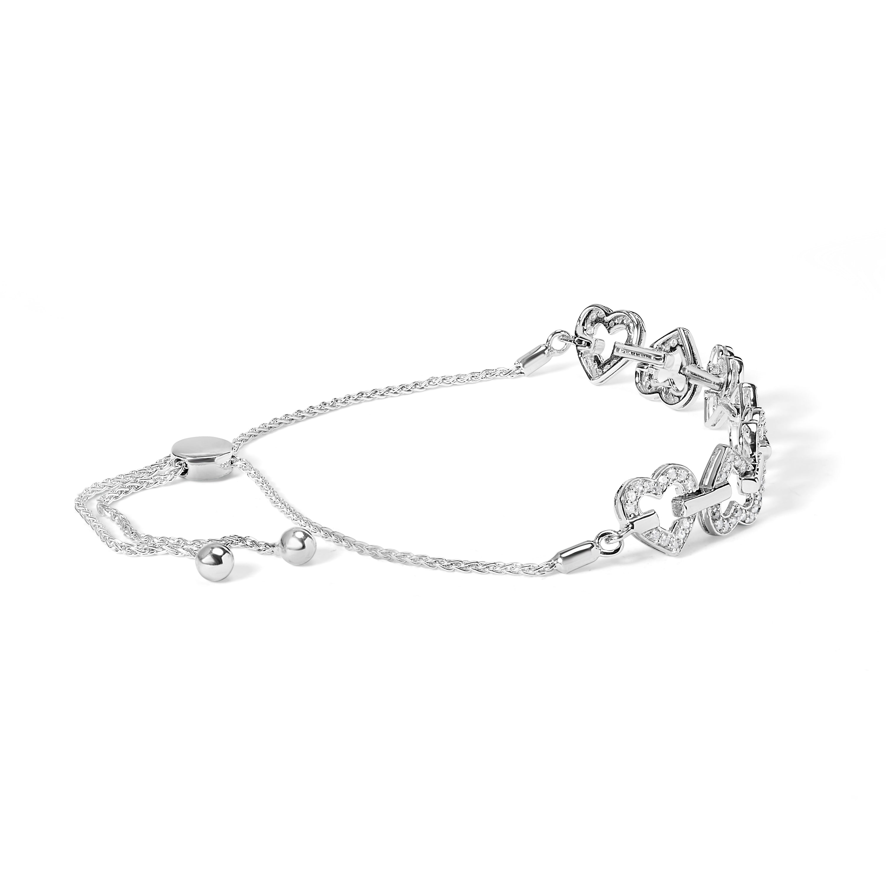 .925 Sterling Silver 1/2 Cttw Diamond Alternating Heart Link Adjustable Bolo Bracelet I-J Color, I3 Clarity - 4" to 10" Inches on sale at MyriadMart