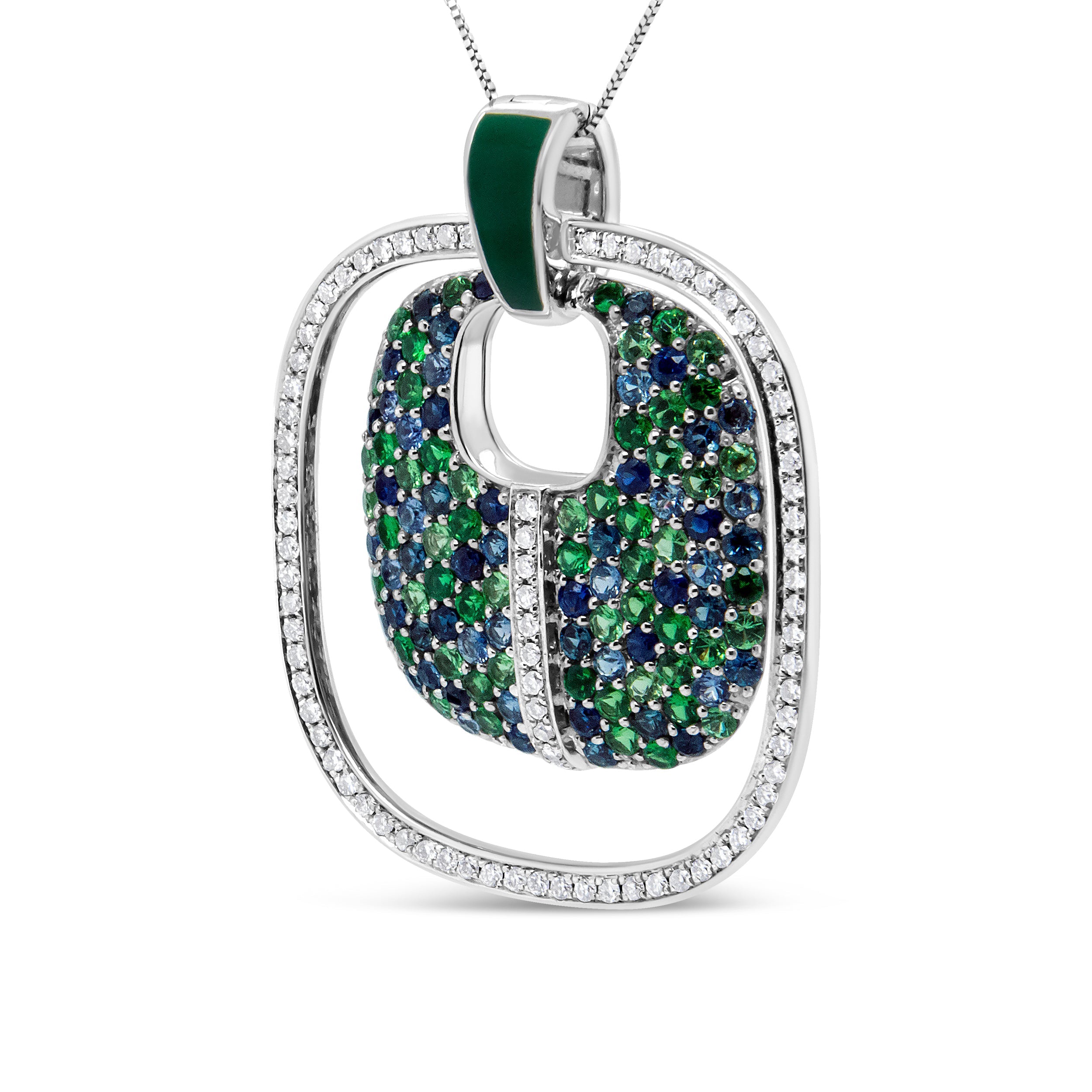 .925 Sterling Silver Green Enamel Pendant with 1/2 Cttw Diamond, Sapphire, and Tsavorite Openwork Statement 18" Pendant Necklace F-G Color, VS1-VS2 Clarity on sale at MyriadMart