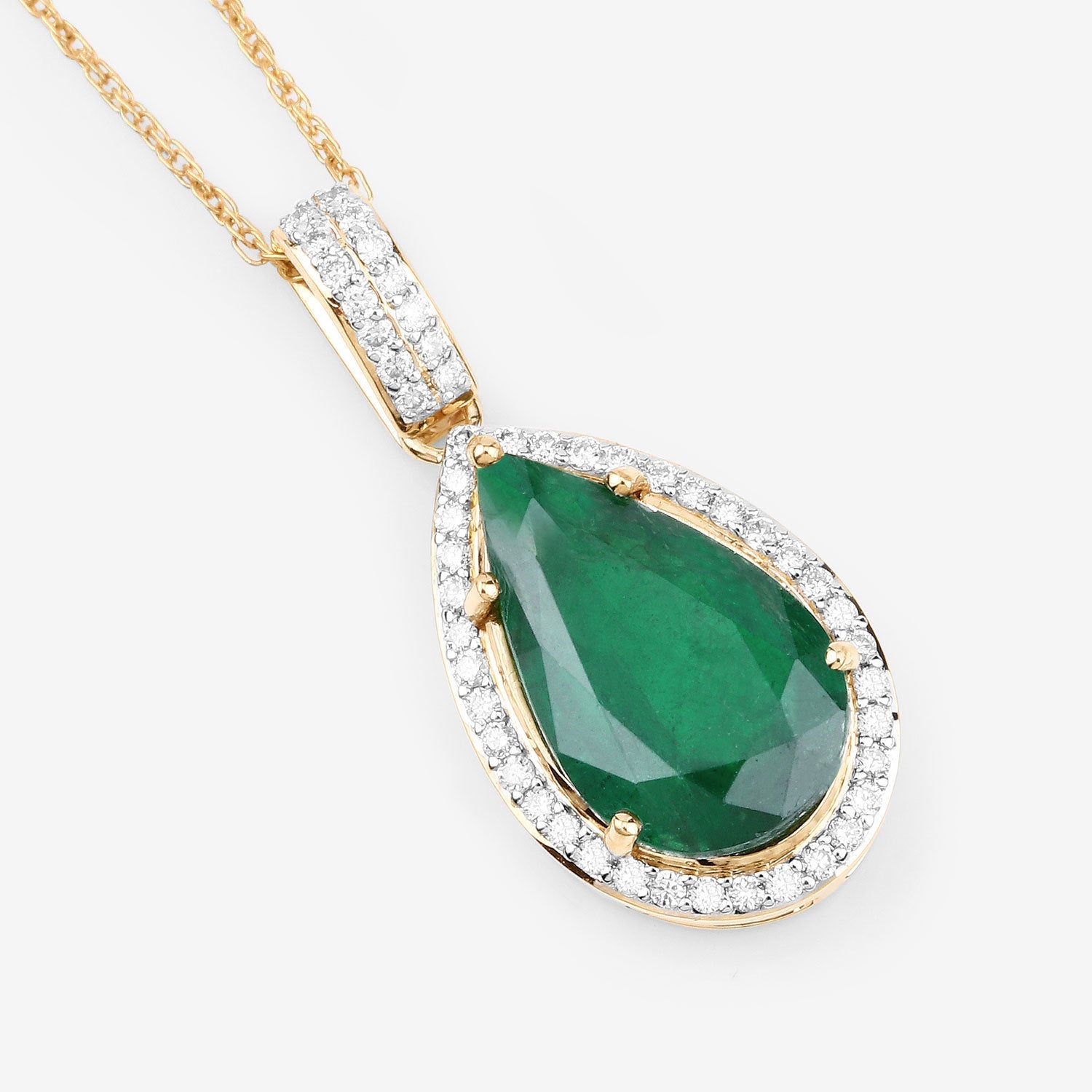 IGI Certified 3.22 Carat Genuine Zambian Emerald and White Diamond 14K Yellow Gold Pendant on sale at MyriadMart