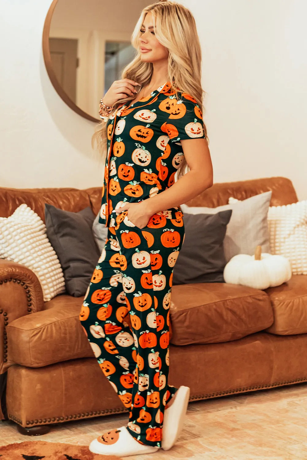Pumpkin Printed Short Sleeve Top and Pants Lounge Set - MyriadMart