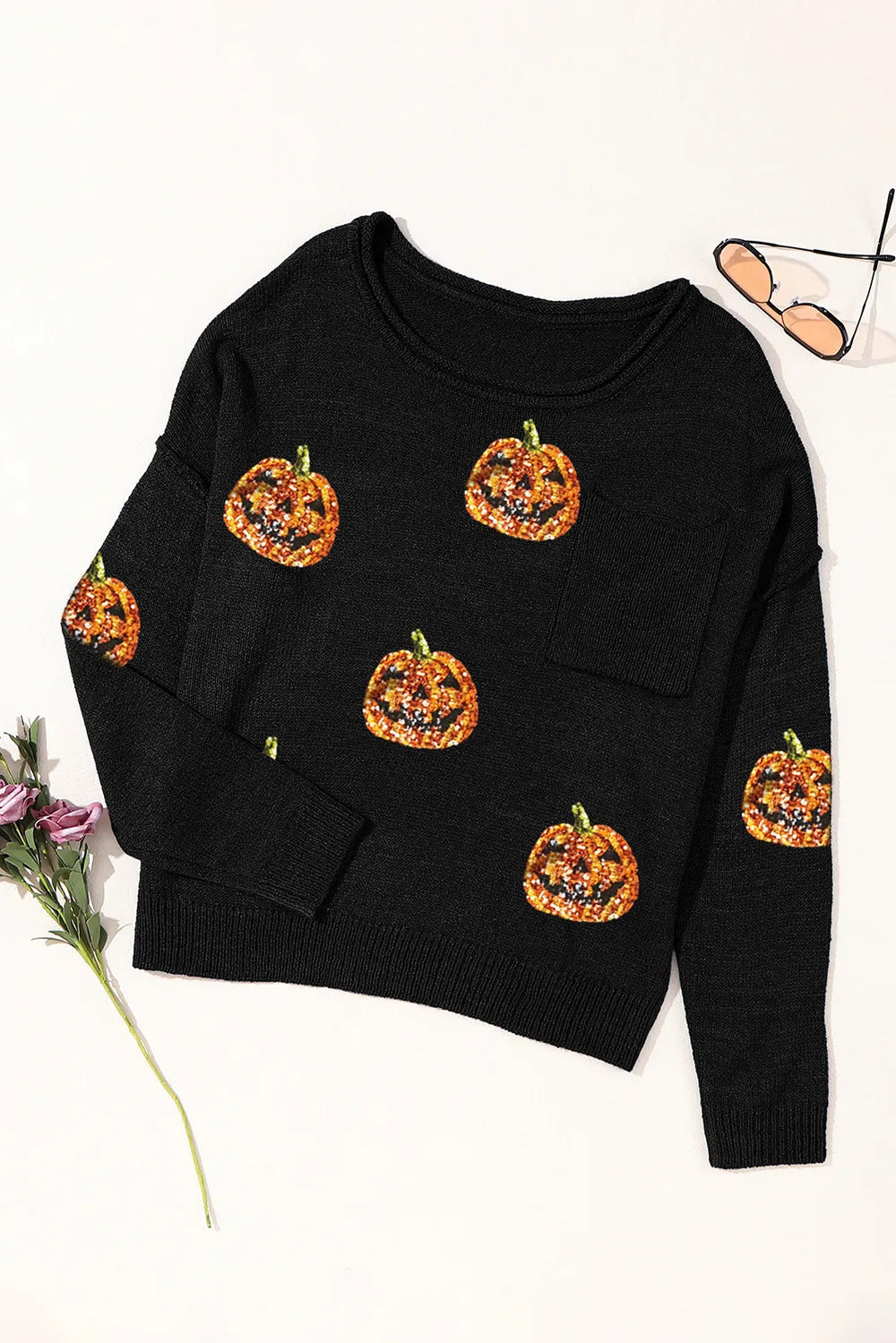 Pumpkin Round Neck Long Sleeve Knit Top - MyriadMart