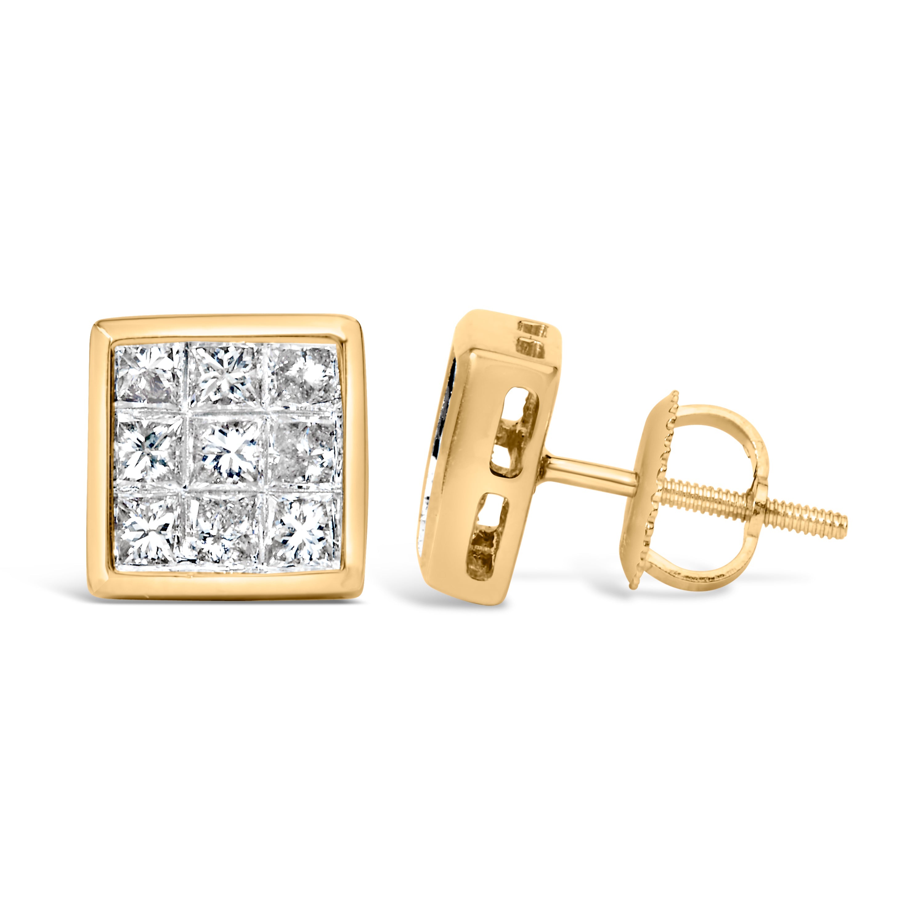 14K Yellow Gold 1.0 Cttw Princess Cut Diamond Composite Stud Earrings with Screw Backs J-K Color, SI1-SI2 Clarity on sale at MyriadMart