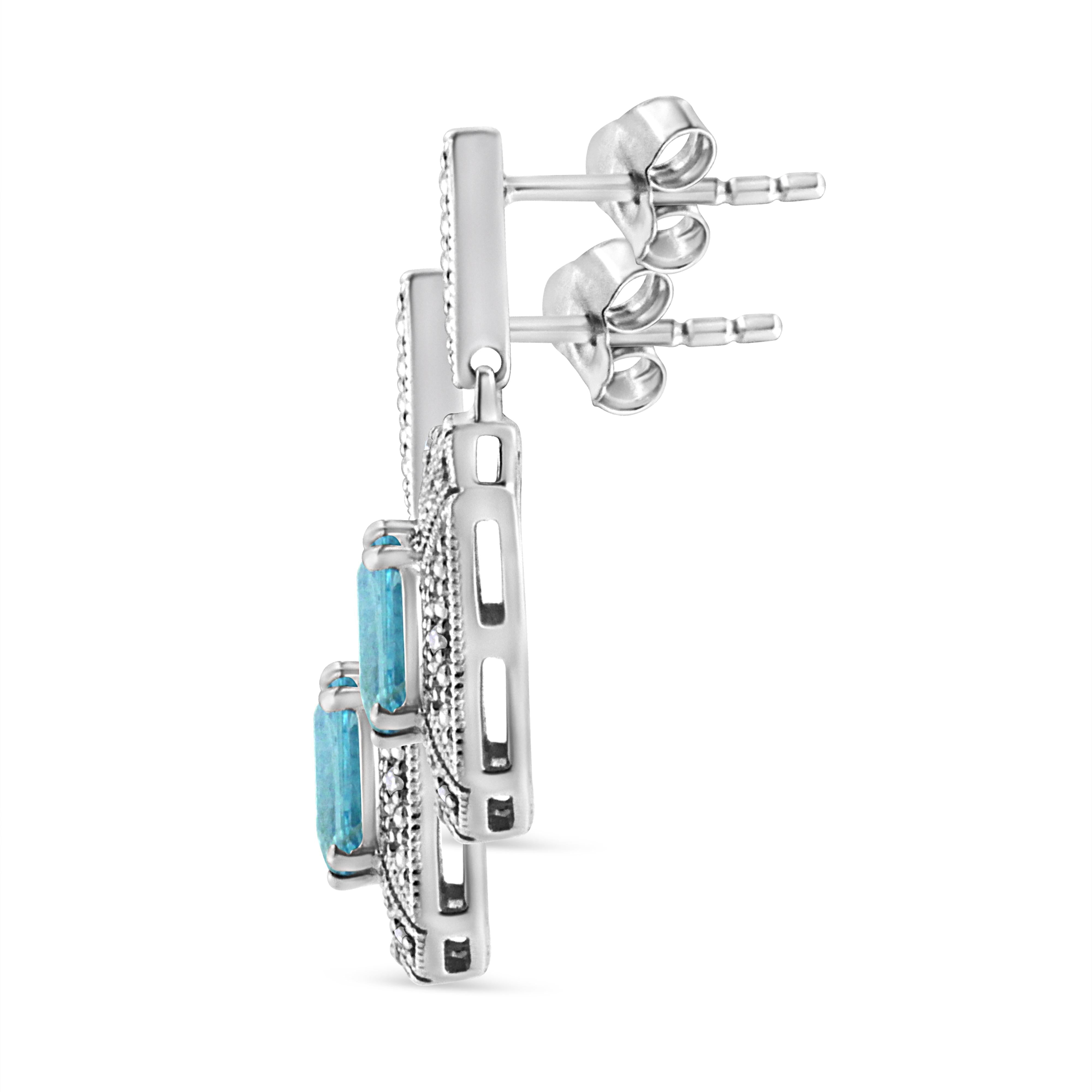 .925 Sterling Silver 7x5MM Emerald Shape Blue Topaz and Diamond Accent Art Deco Halo Style Drop and Dangle Earrings I-J Color, I1-I2 Clarity on sale at MyriadMart