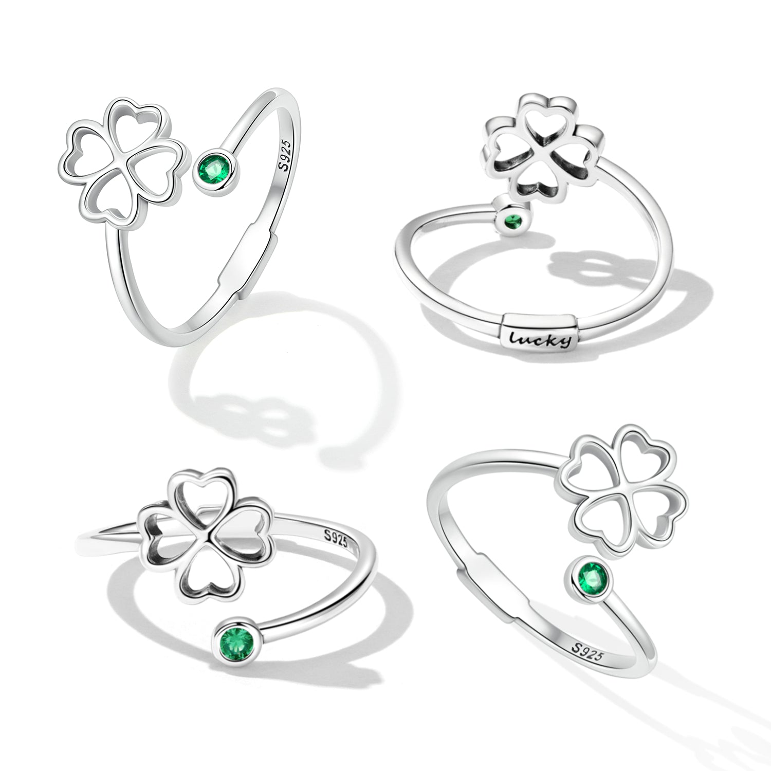 925 Sterling Silver Four-Leaf Clover Ring with Pavé CZ - 0.15cm Width on sale at MyriadMart