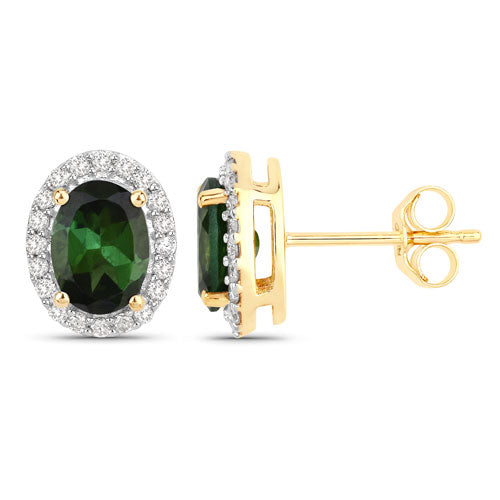 1.92 Carat Genuine Green Tourmaline and White Diamond 14K Yellow Gold Earrings on sale at MyriadMart