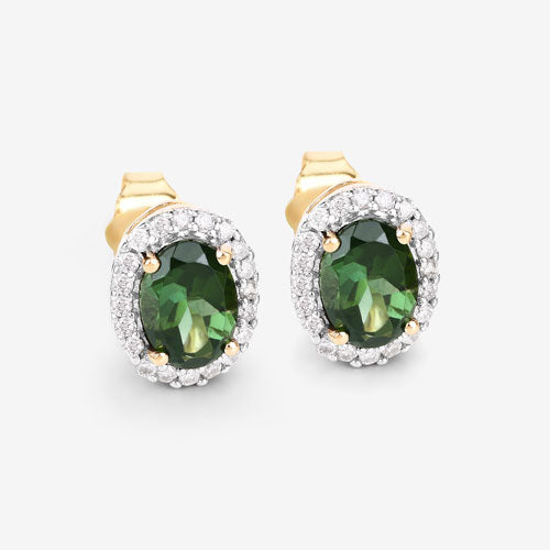 1.92 Carat Genuine Green Tourmaline and White Diamond 14K Yellow Gold Earrings on sale at MyriadMart