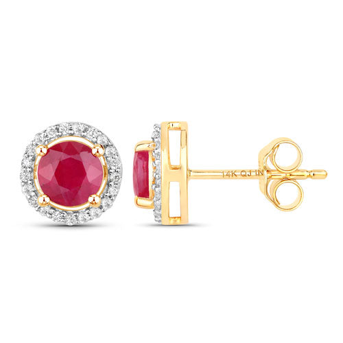 1.22 Carat Genuine Ruby and White Diamond 14K Yellow Gold Earrings on sale at MyriadMart