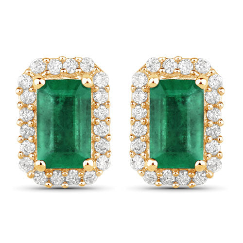 0.91 Carat Genuine Zambian Emerald and White Diamond 14K Yellow Gold Earrings on sale at MyriadMart