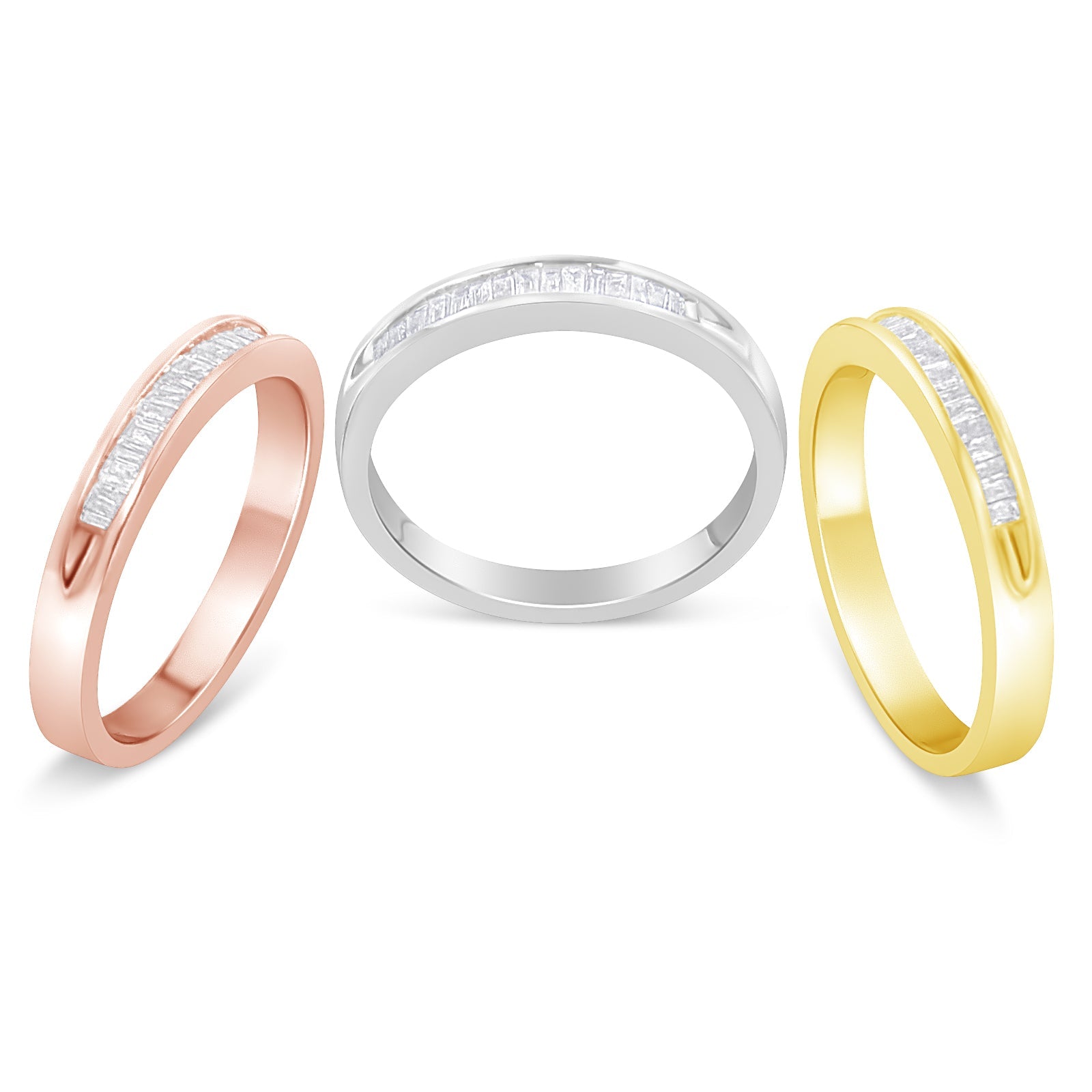 10K Yellow, White and Rose Gold over .925 Sterling Silver 5/8 Cttw Diamond Channel-Set Stackable Band Ring Set H-I Color, I1-I2 Clarity - Size 6 3/4 on sale at MyriadMart